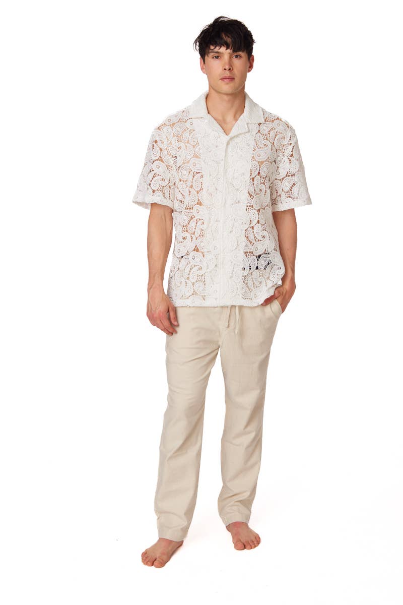 Textured Short Sleeve Men's Shirt - White Lace