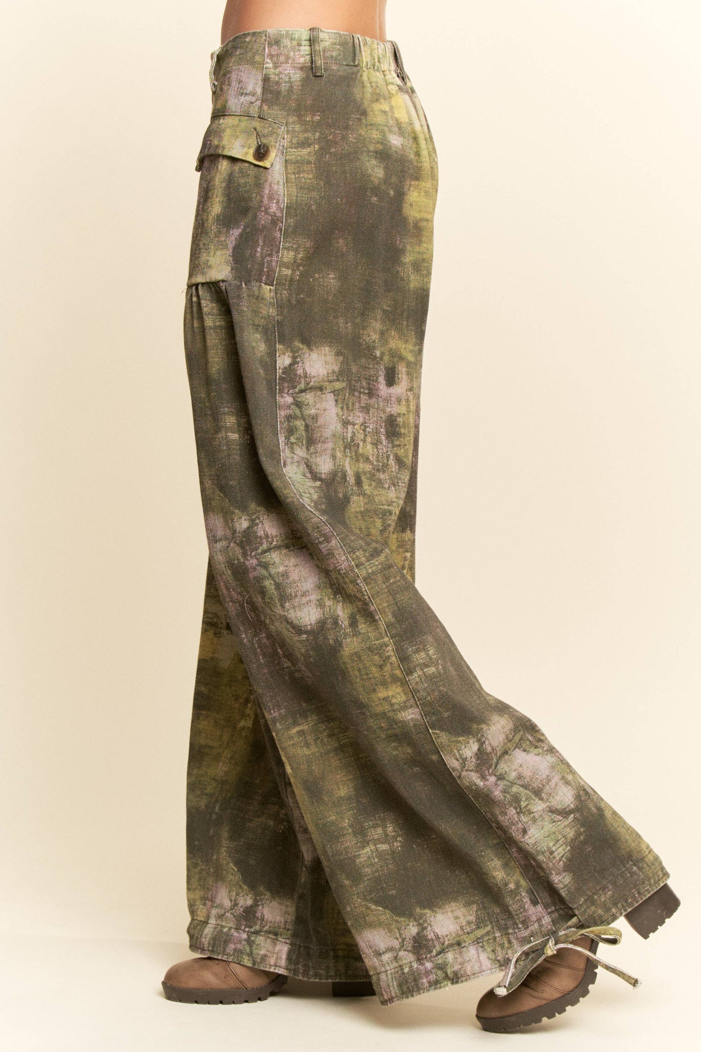 Curve Tie-Dye Printed Mid-High Waist Pants - Dark Olive