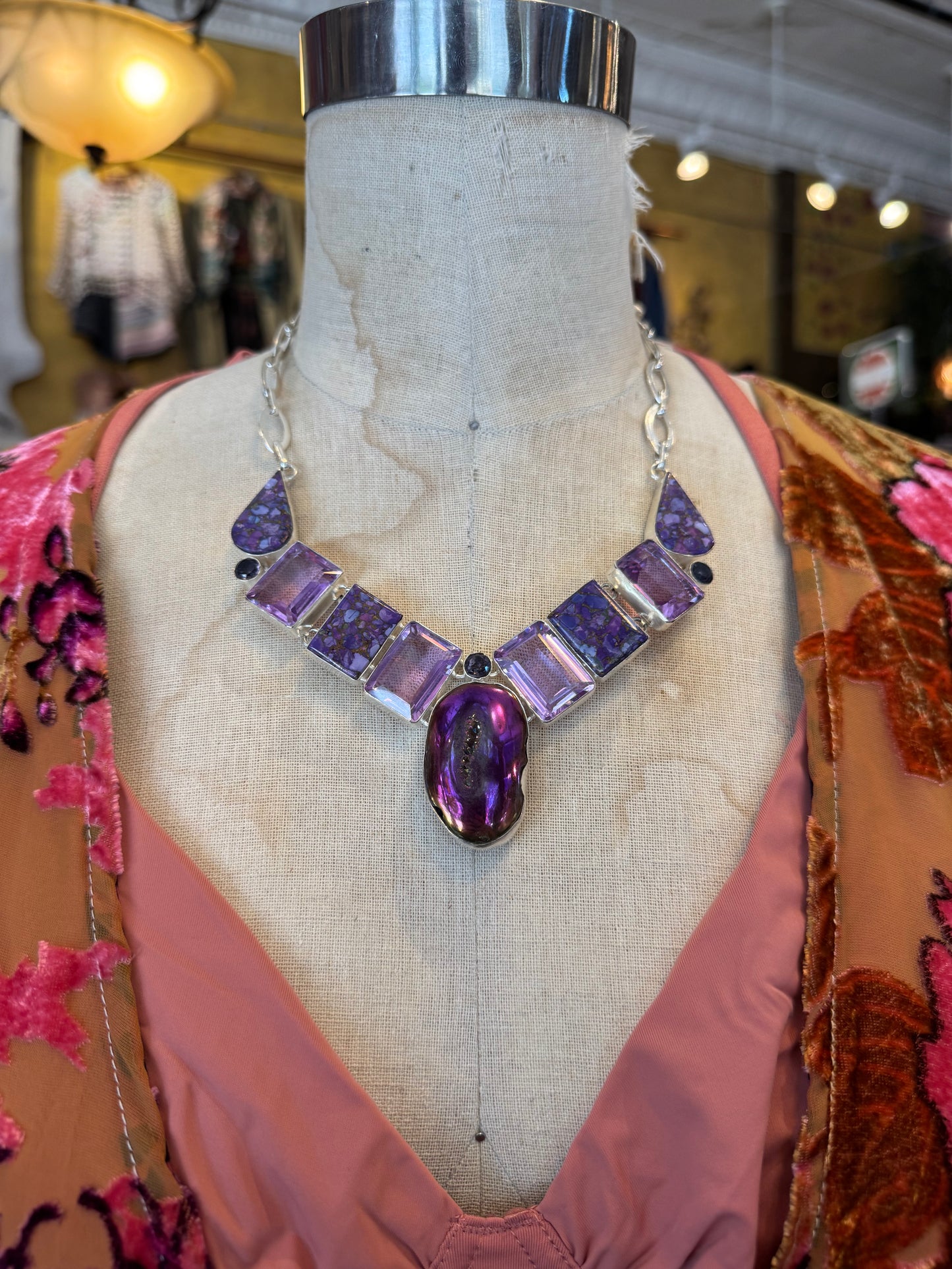 Aura Geode, Purple Jasper, Purple Faceted Glass Cluster Necklace