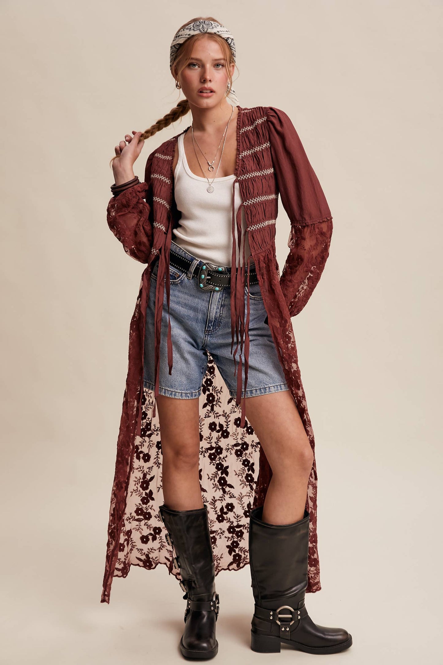 Lace-Up Embroidered Maxi Kimono - Wine