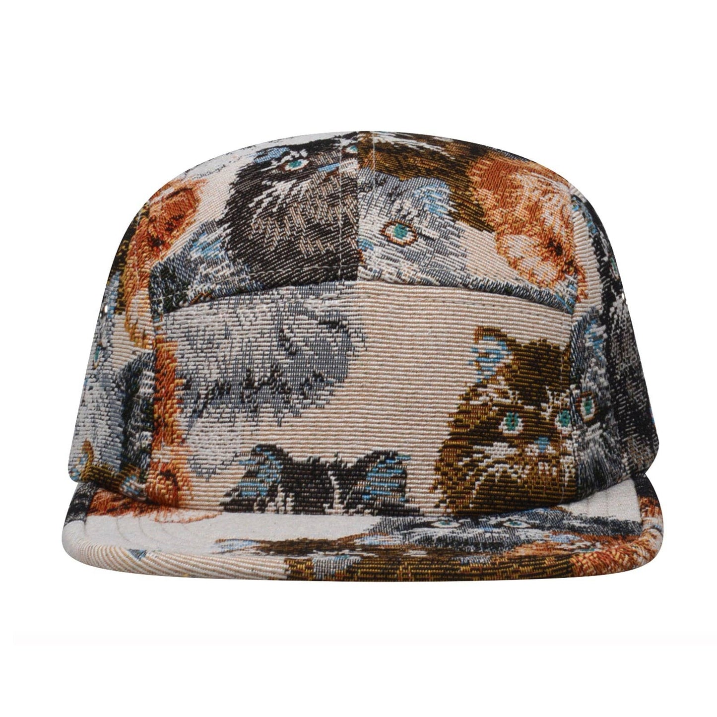 Unique Cat Jacquard 5 Panel Hat Camp Cap - Cat Beige