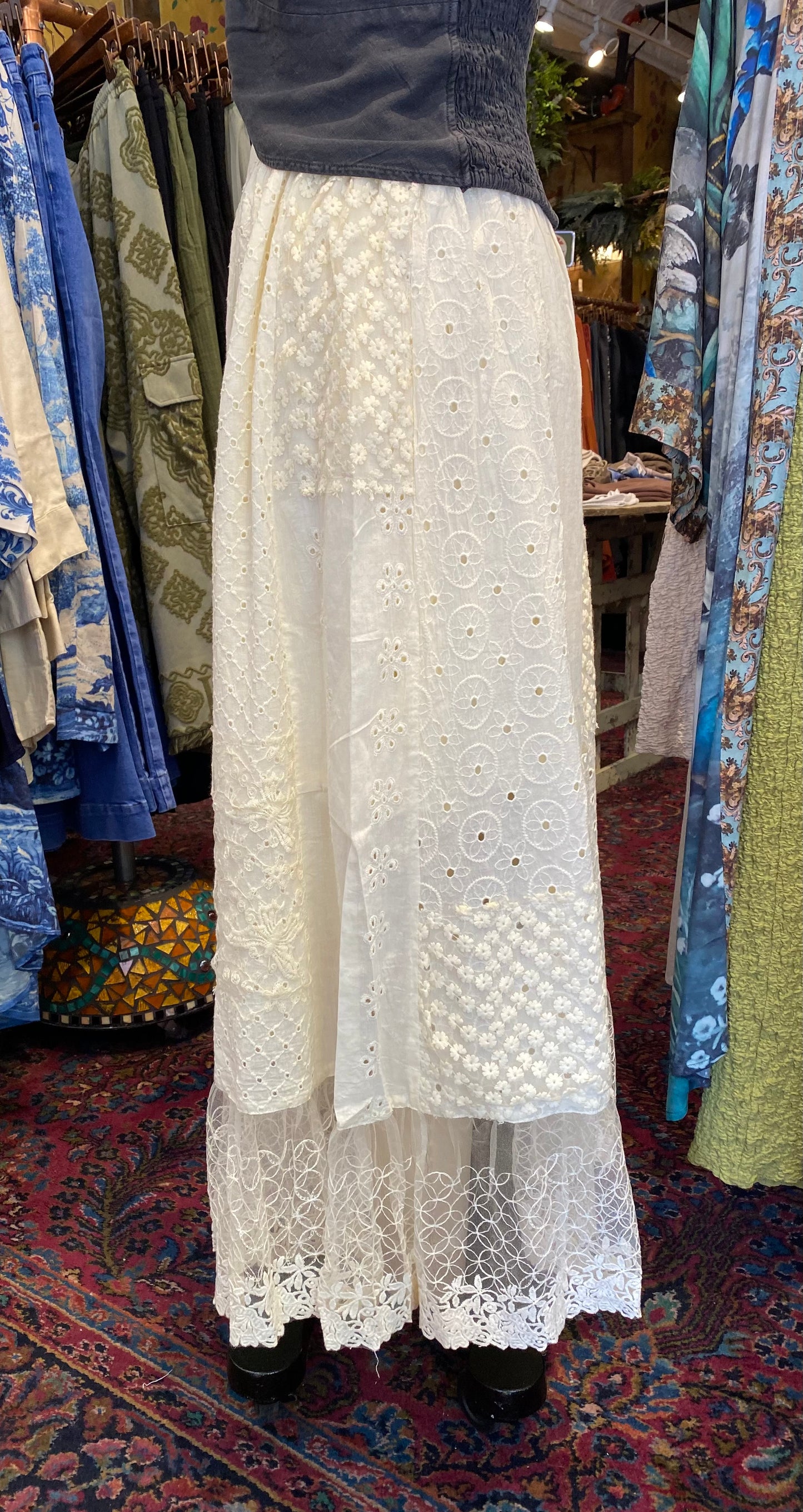 Floral Eyelet Maxi Skirt - Cream