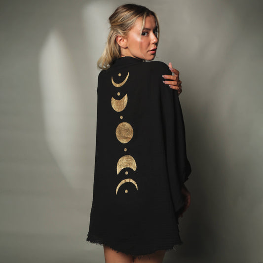 Black &Gold Moon Phases Muslin Kimono - Black
