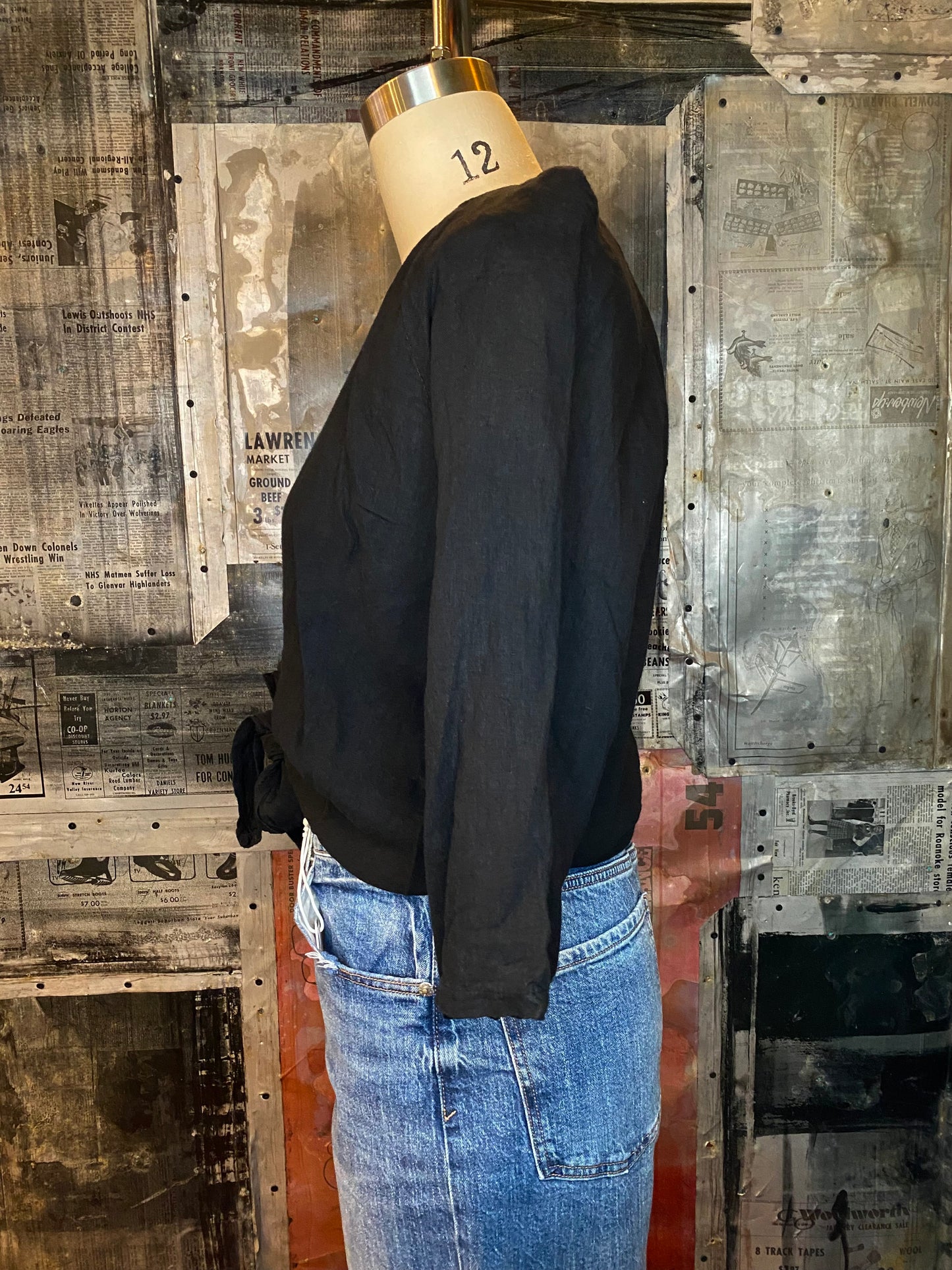 Linen, 3/4 Sleeve Wrap, Front Tie Top - Black