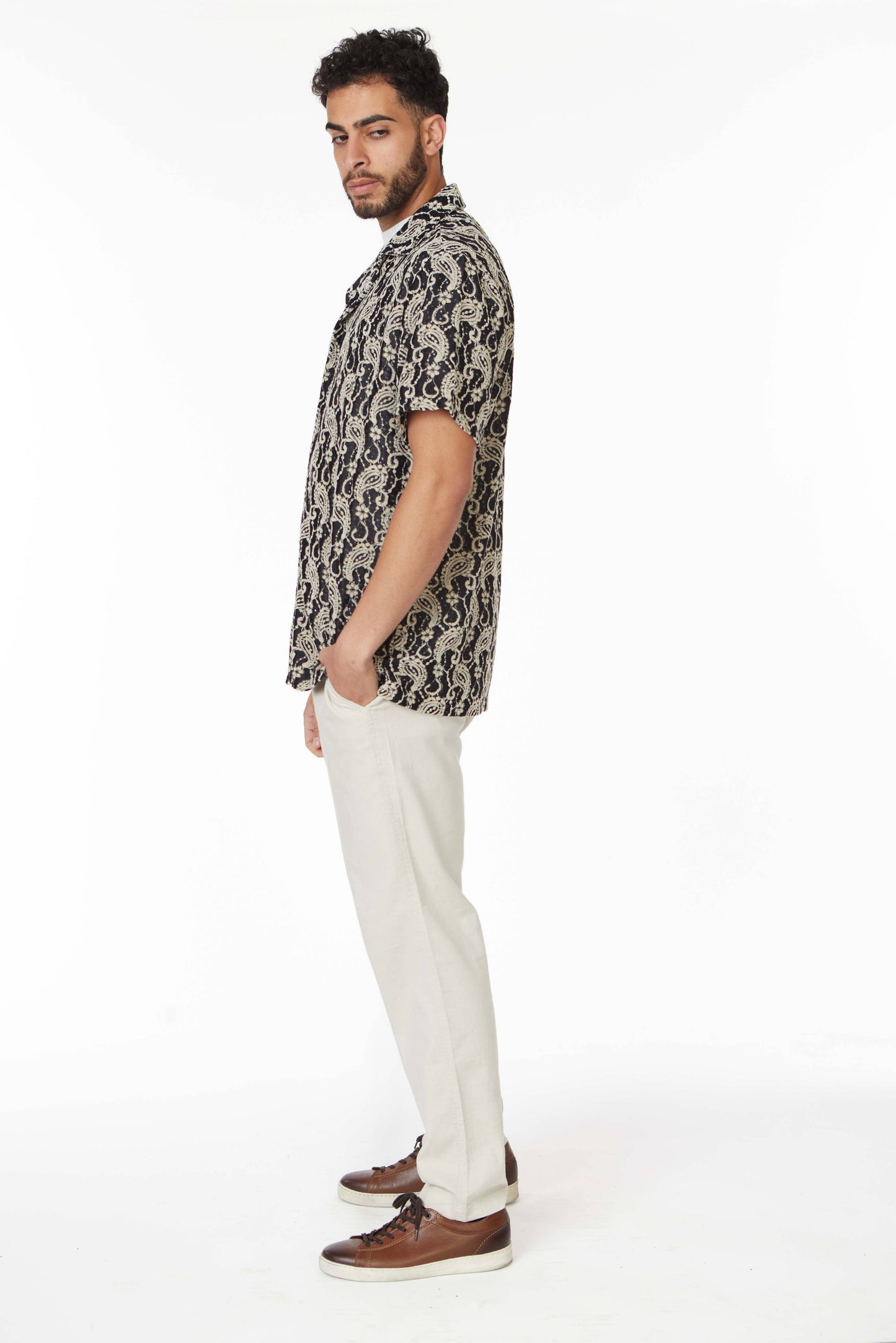Crochet/Textured Short Sleeve Men's Shirt - Black/Beige