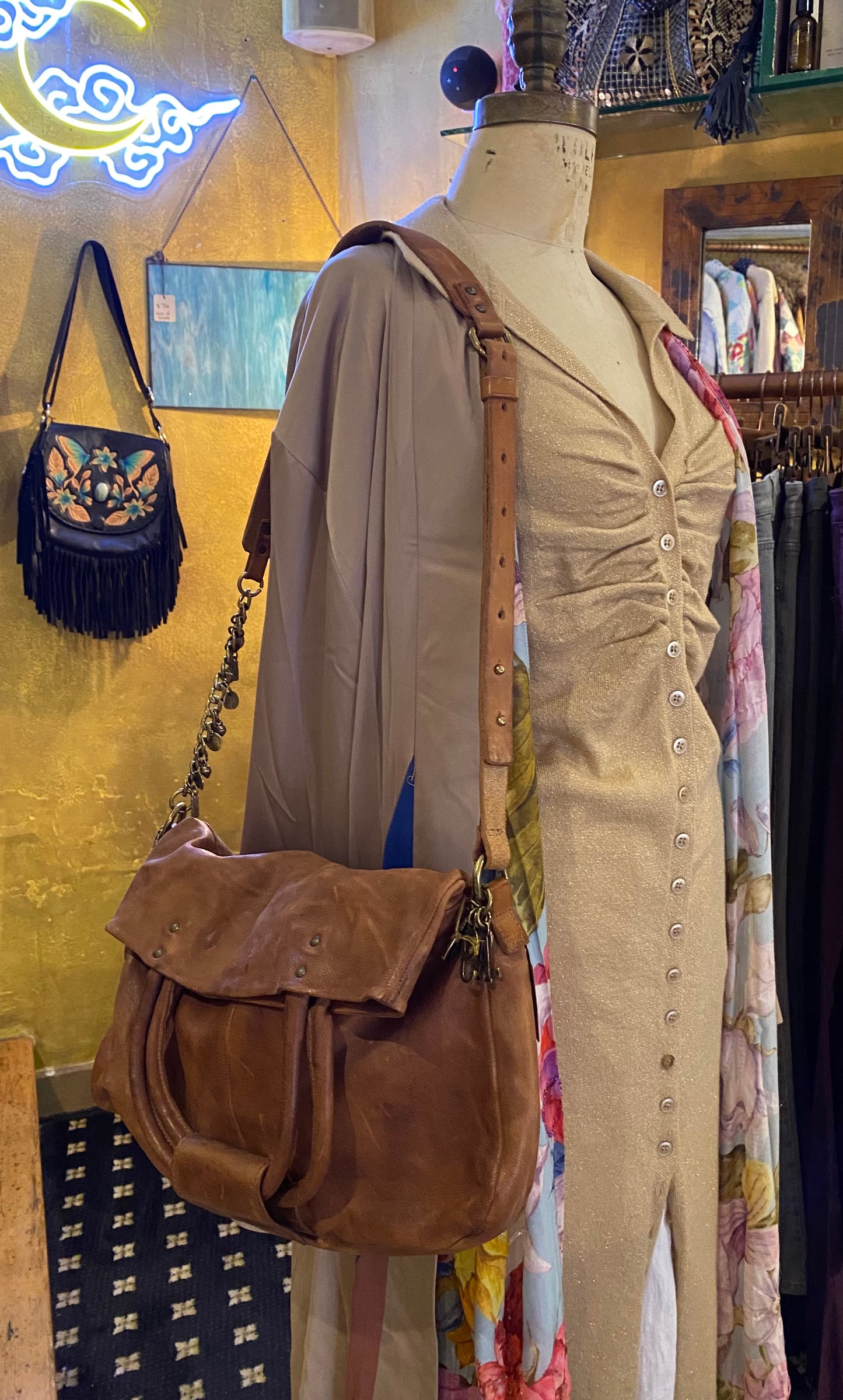 Folded Top Leather Crossbody Bag - Camel