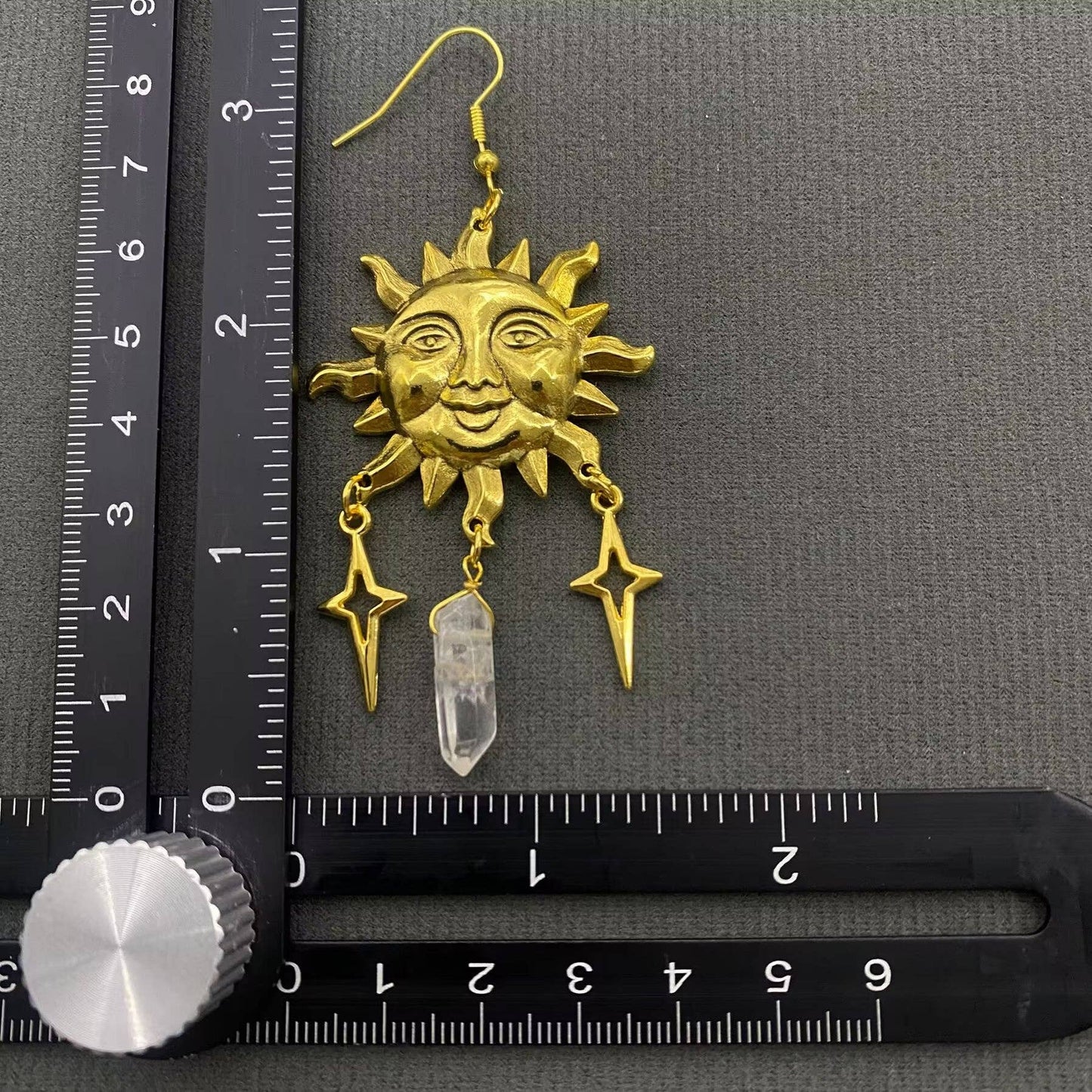 White Crystal Gold Plated Sun Charm Dangle Earrings