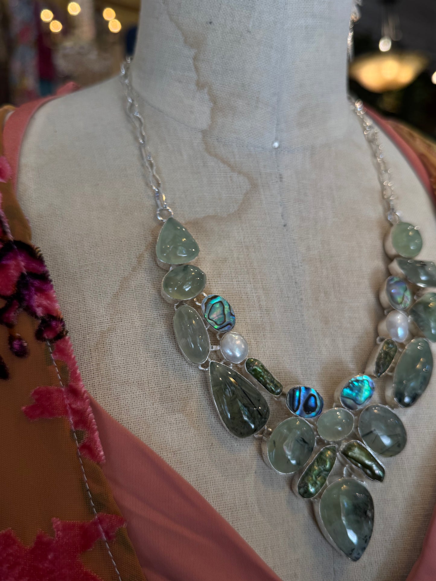 Prehnite, Abalone &Green Pearl Cluster Necklace
