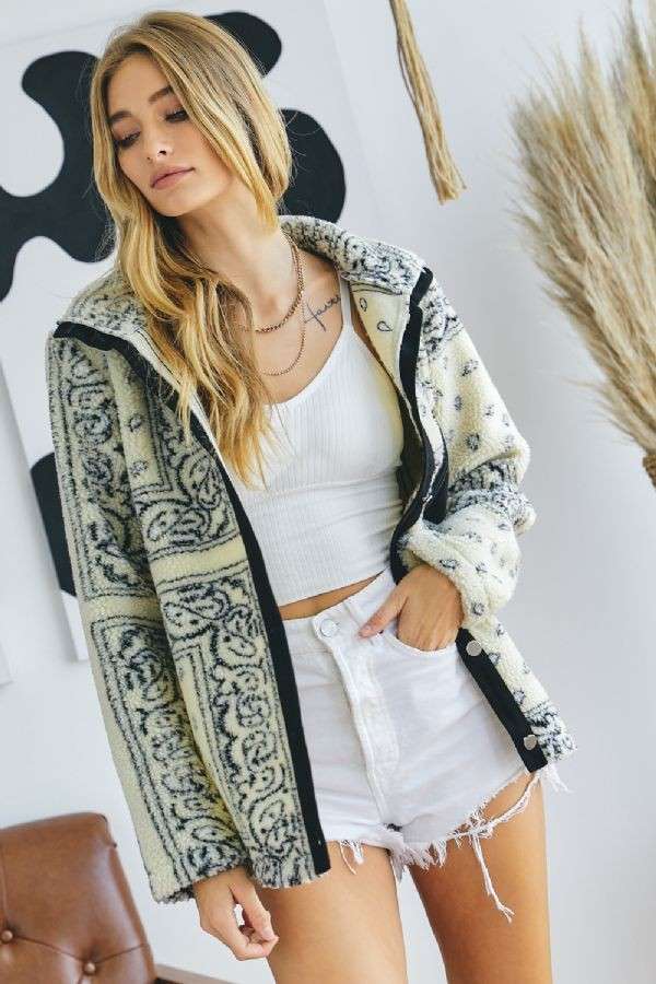 Plus Printed Front Pockets Button Down Jacket - Cream