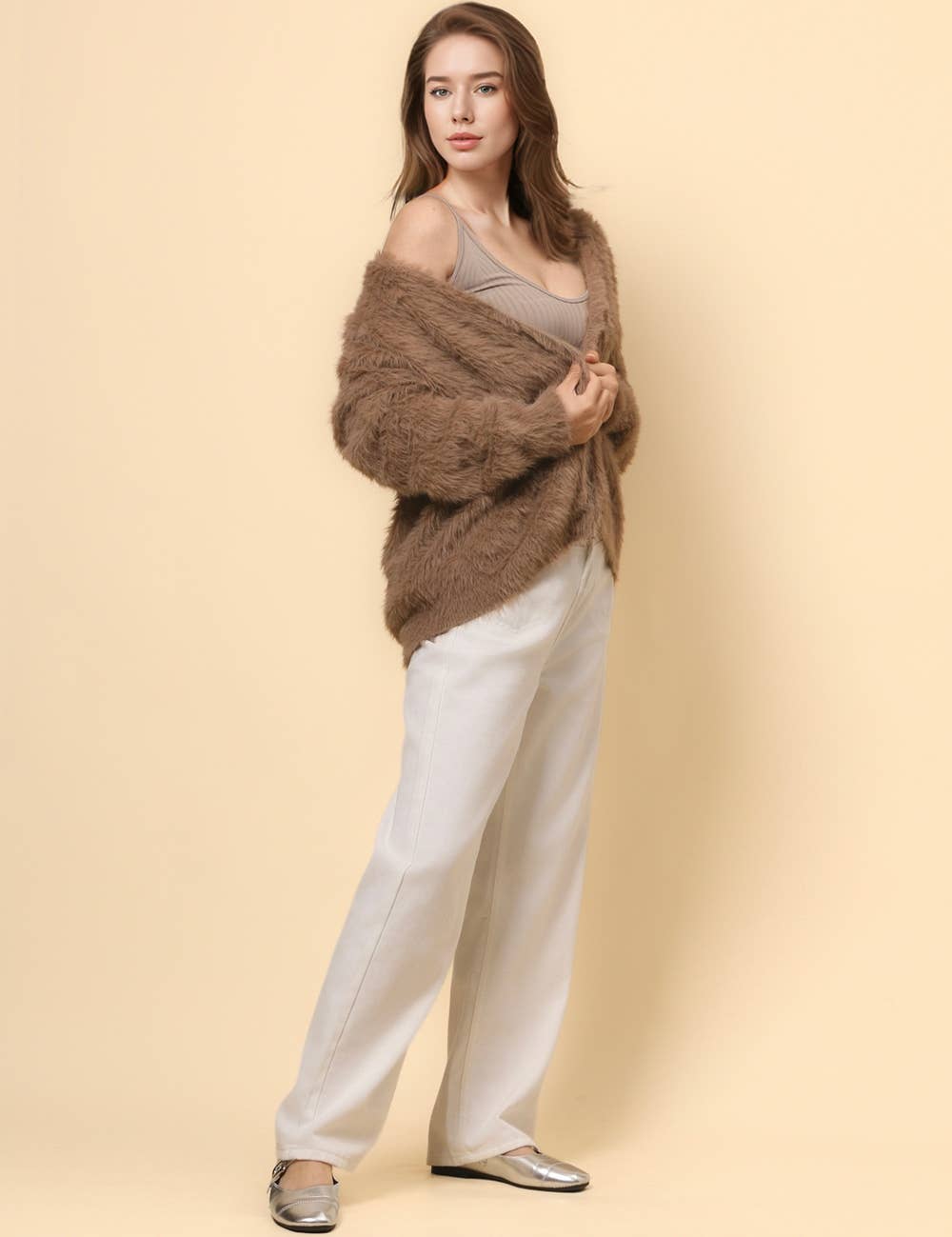 Ladies Solid Color Faux Mink V-Neck Cardigan - Khaki
