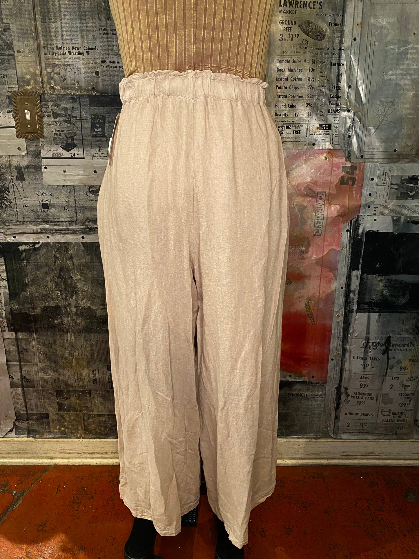 Linen, Elastic Waist Palazzo Pants - Sand