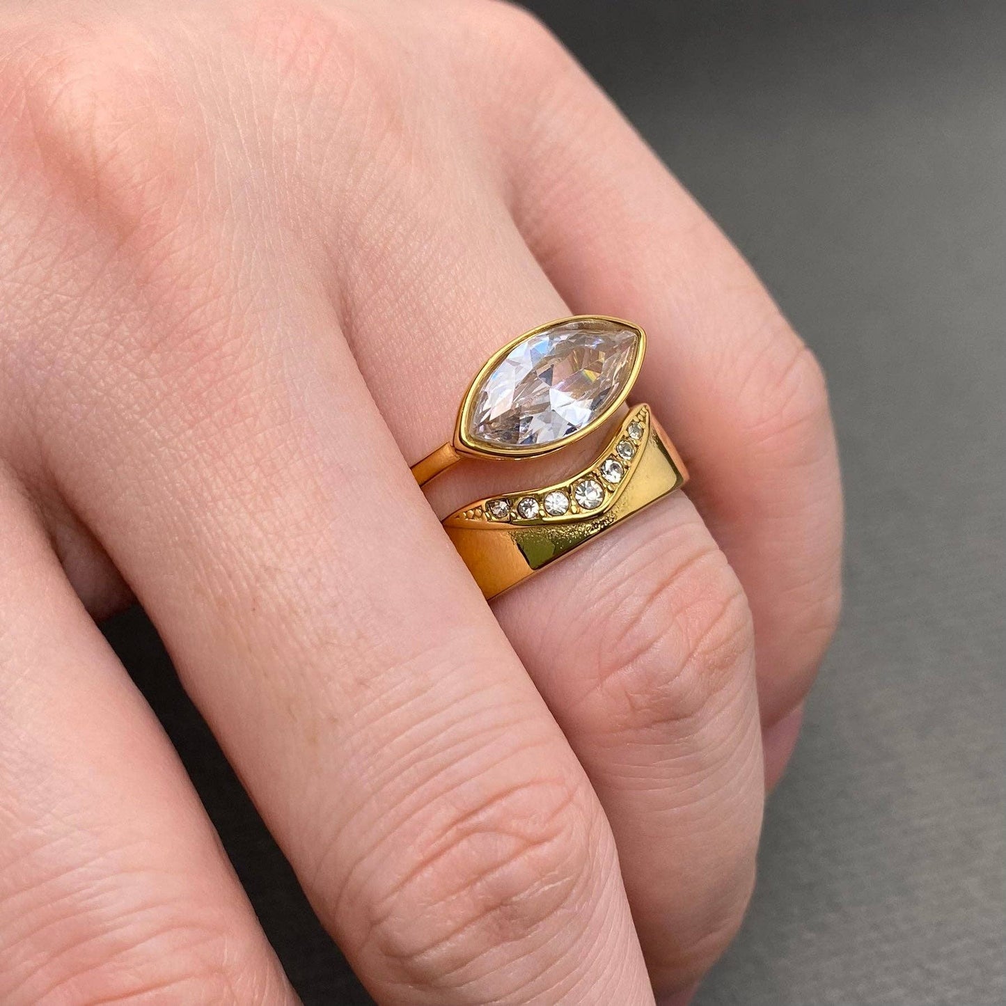 Zircon Inlaid 18K Gold Plated S.Steel Stacked Ring - FGS - 8