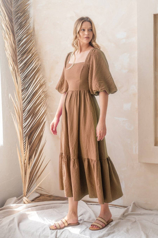 Plus Solid Textured Midi Dress - Taupe