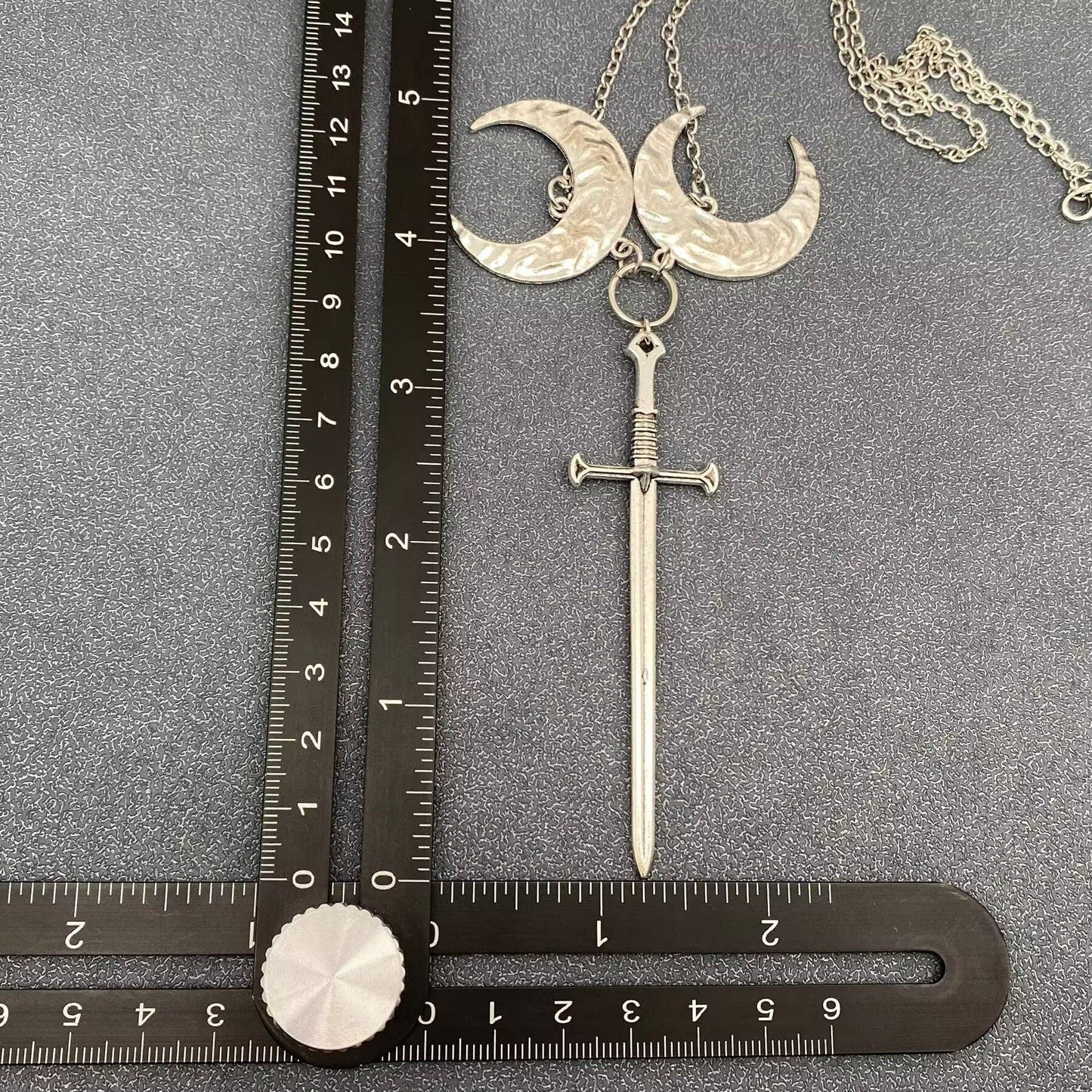 Double Moon Silver Tone Longsword Charm Necklace