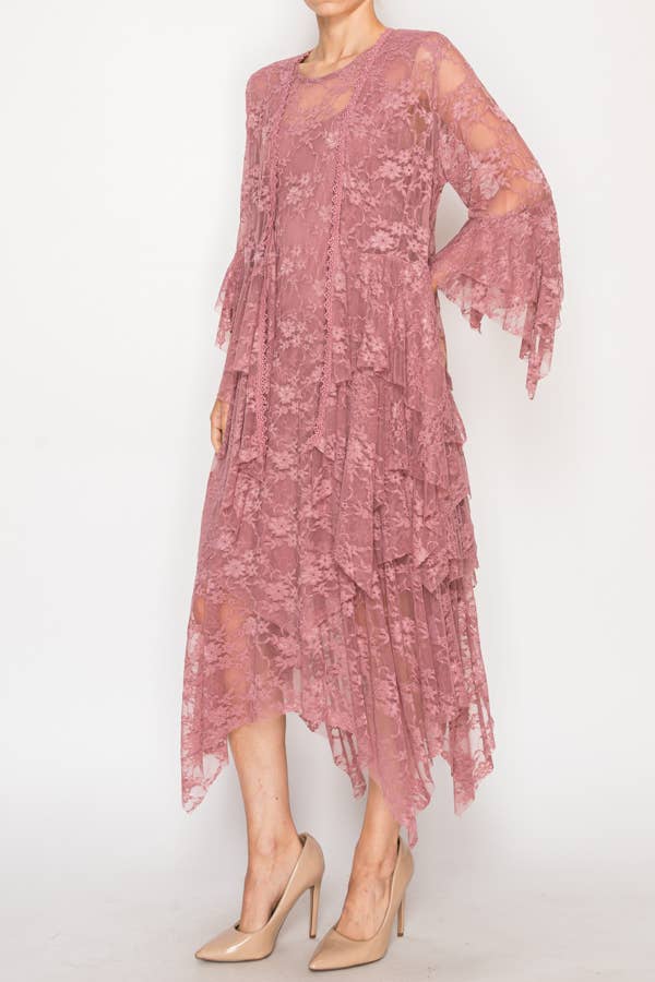 Classic All Lace Cardigan with Tiered Layers - DUSTY ROSE