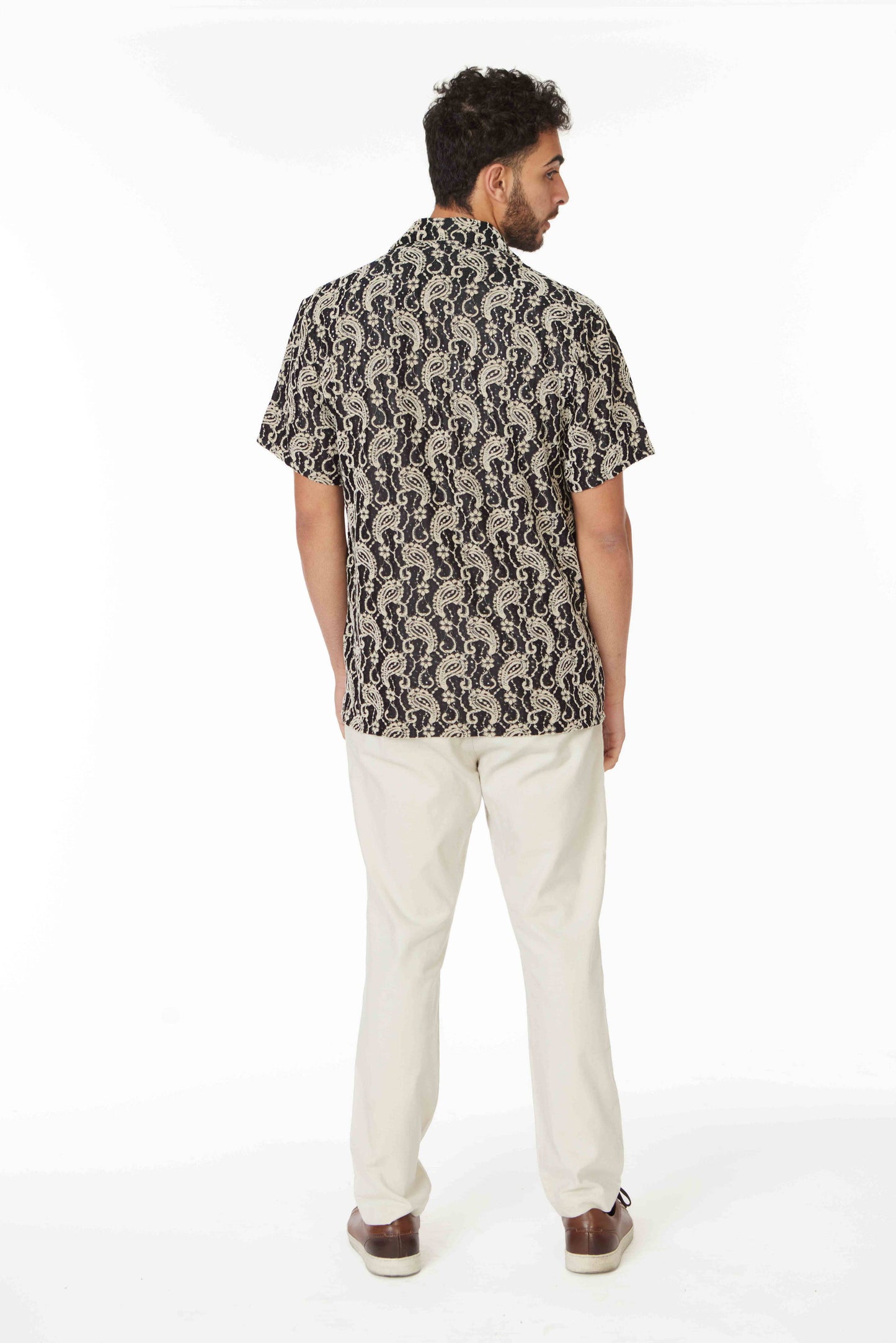 Crochet/Textured Short Sleeve Men's Shirt - Black/Beige