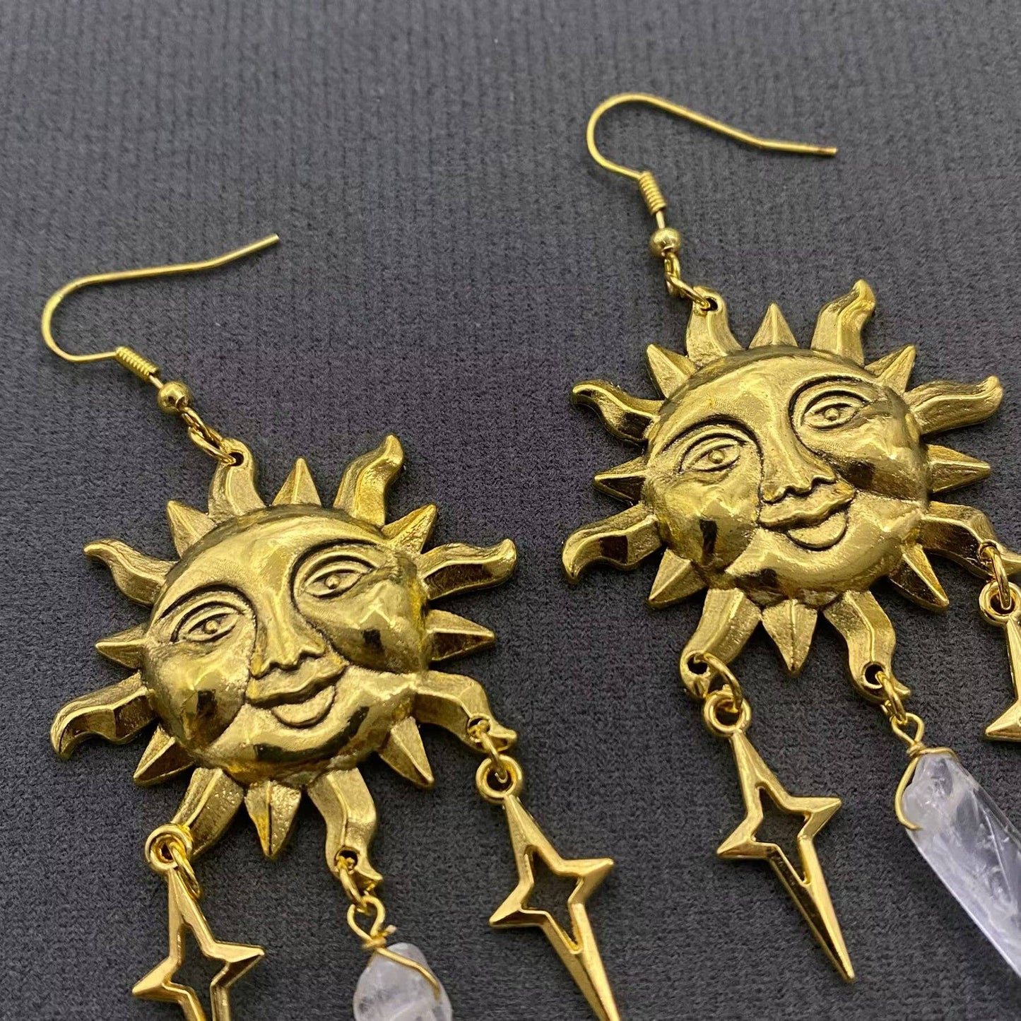 White Crystal Gold Plated Sun Charm Dangle Earrings