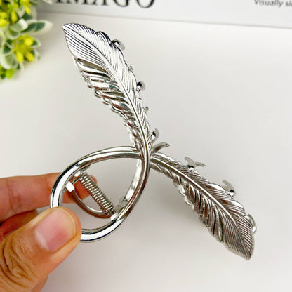Metal Feather Cross Hair Clip - Silver
