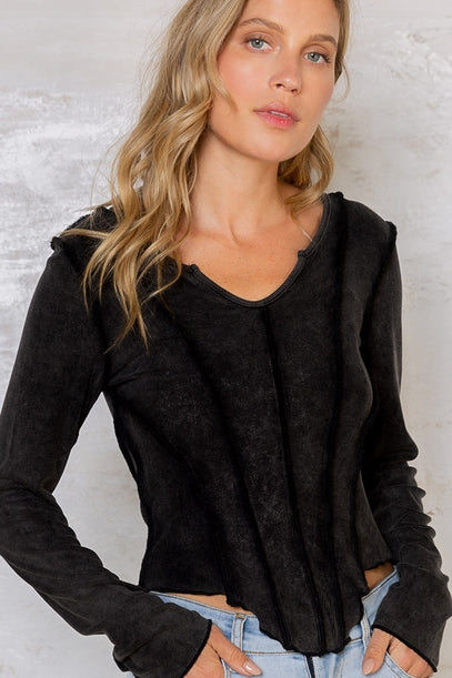 Notched Neck Long Sleeve Cropped Top - Black - La De Da