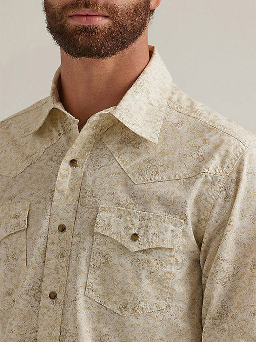 Men's Retro Western Snap Shirt: Off White Print