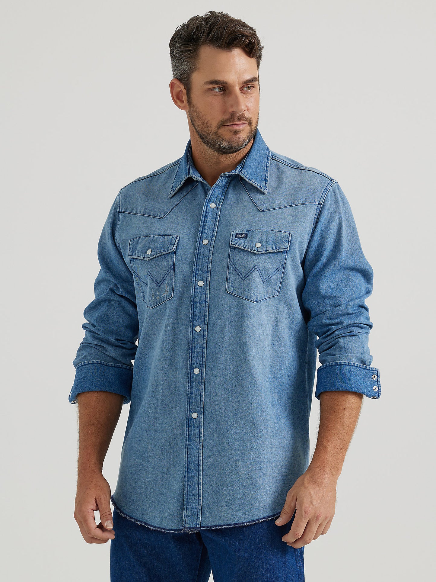 Vintage-Inspired Western Snap Workshirt- Medium Blue