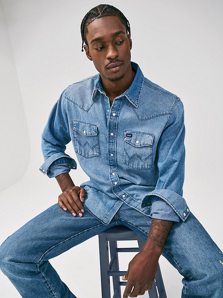 Vintage-Inspired Western Snap Workshirt- Medium Blue