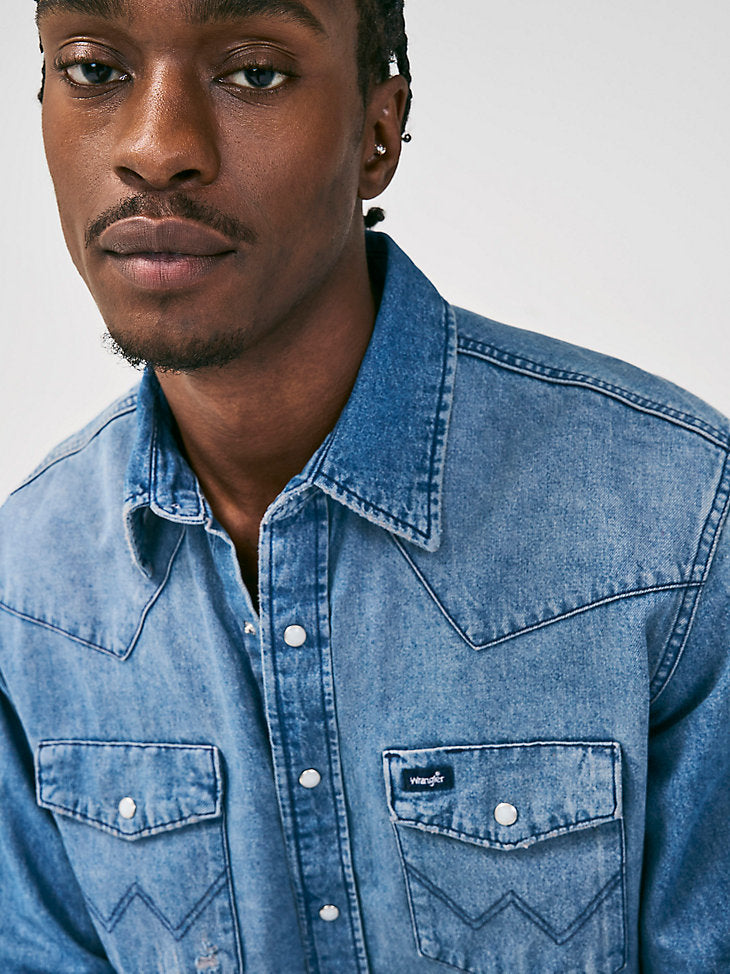 Vintage-Inspired Western Snap Workshirt- Medium Blue