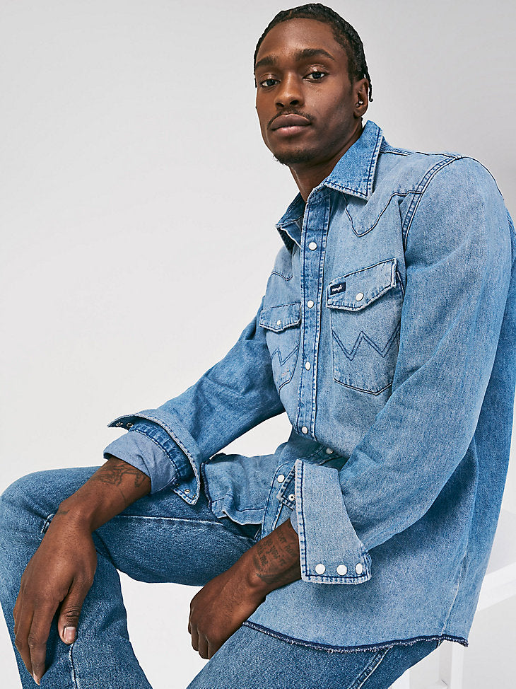 Vintage-Inspired Western Snap Workshirt- Medium Blue