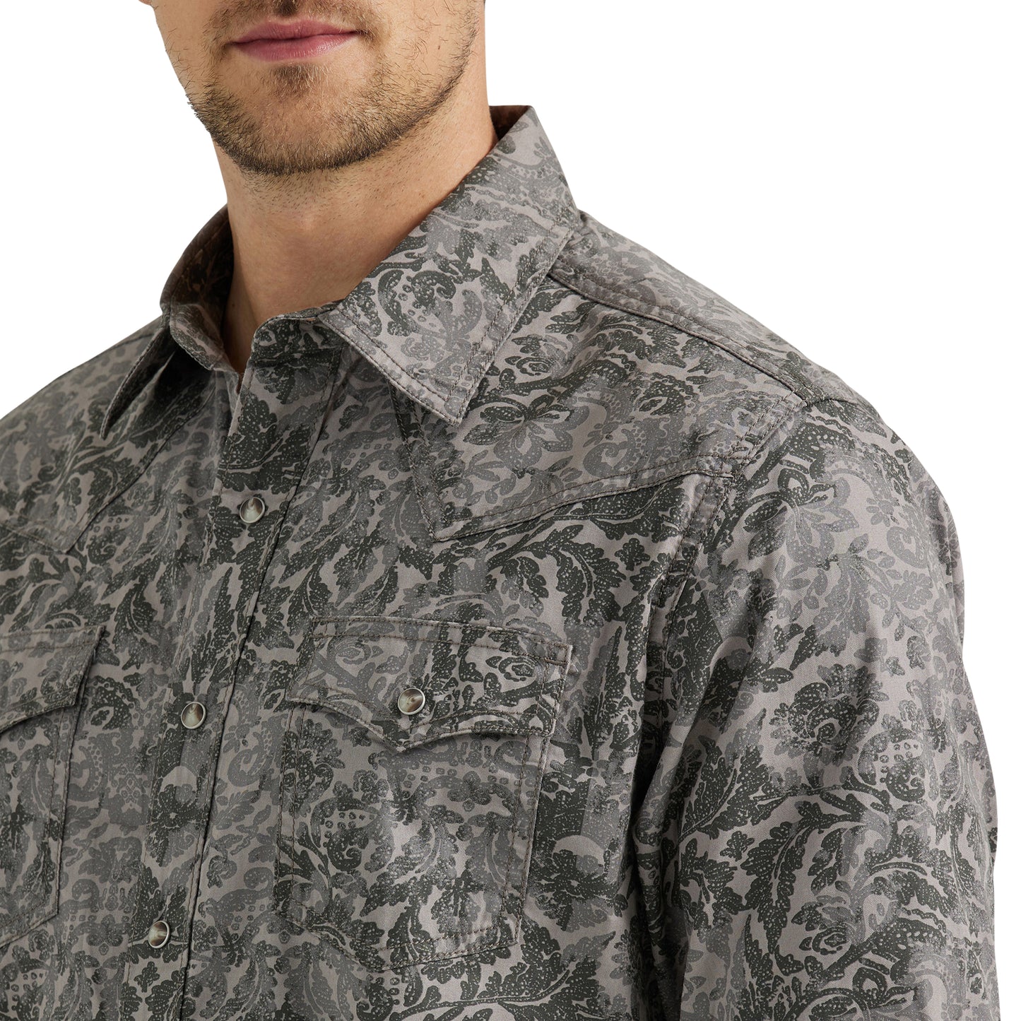 Men's Wrangler® Retro® Premium Long Sleeve Western Snap Printed Shirt- Damask Gray
