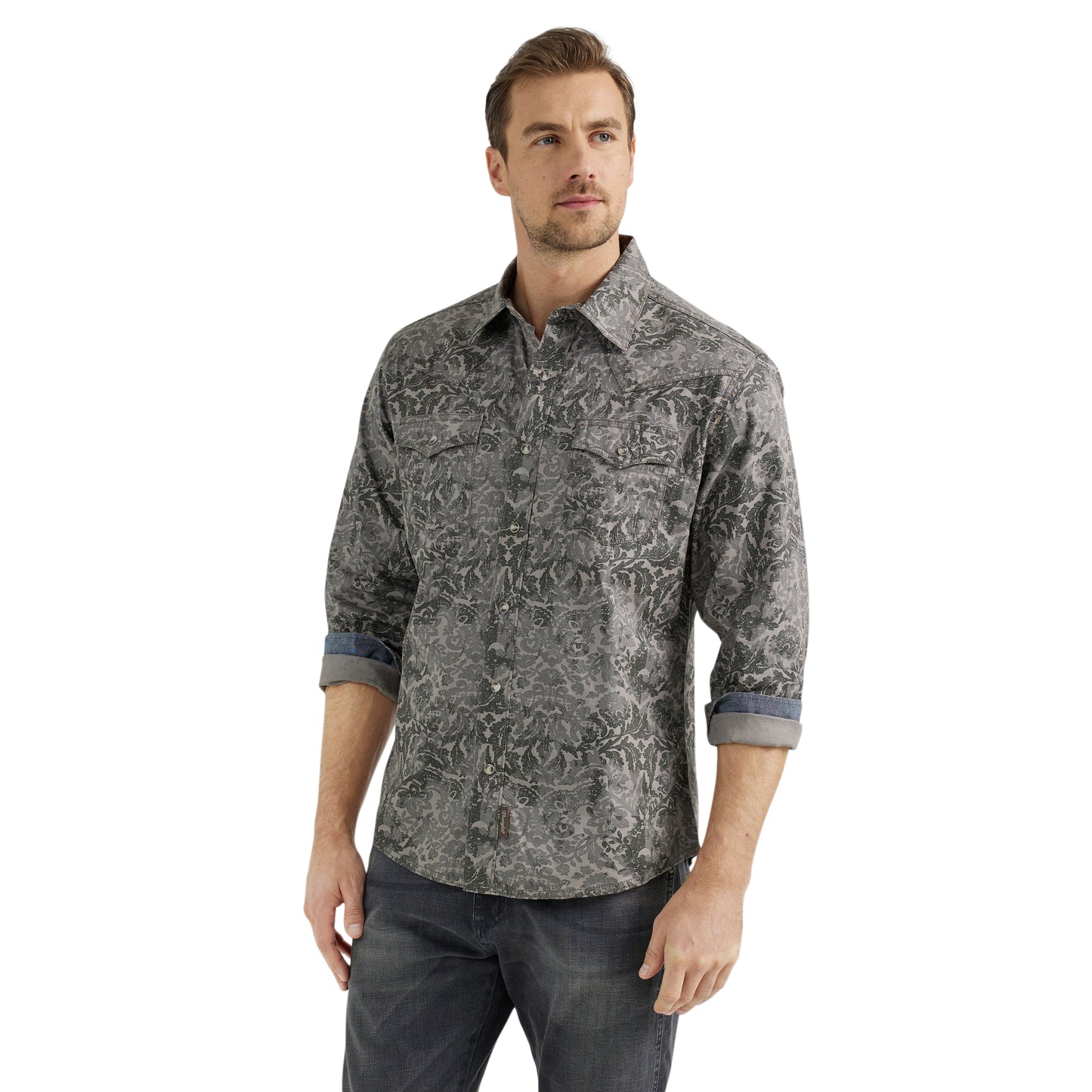 Men's Wrangler® Retro® Premium Long Sleeve Western Snap Printed Shirt- Damask Gray
