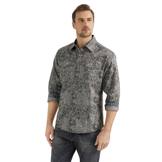 Men's Wranglerยฎ Retroยฎ Premium Long Sleeve Western Snap Printed Shirt- Damask Gray