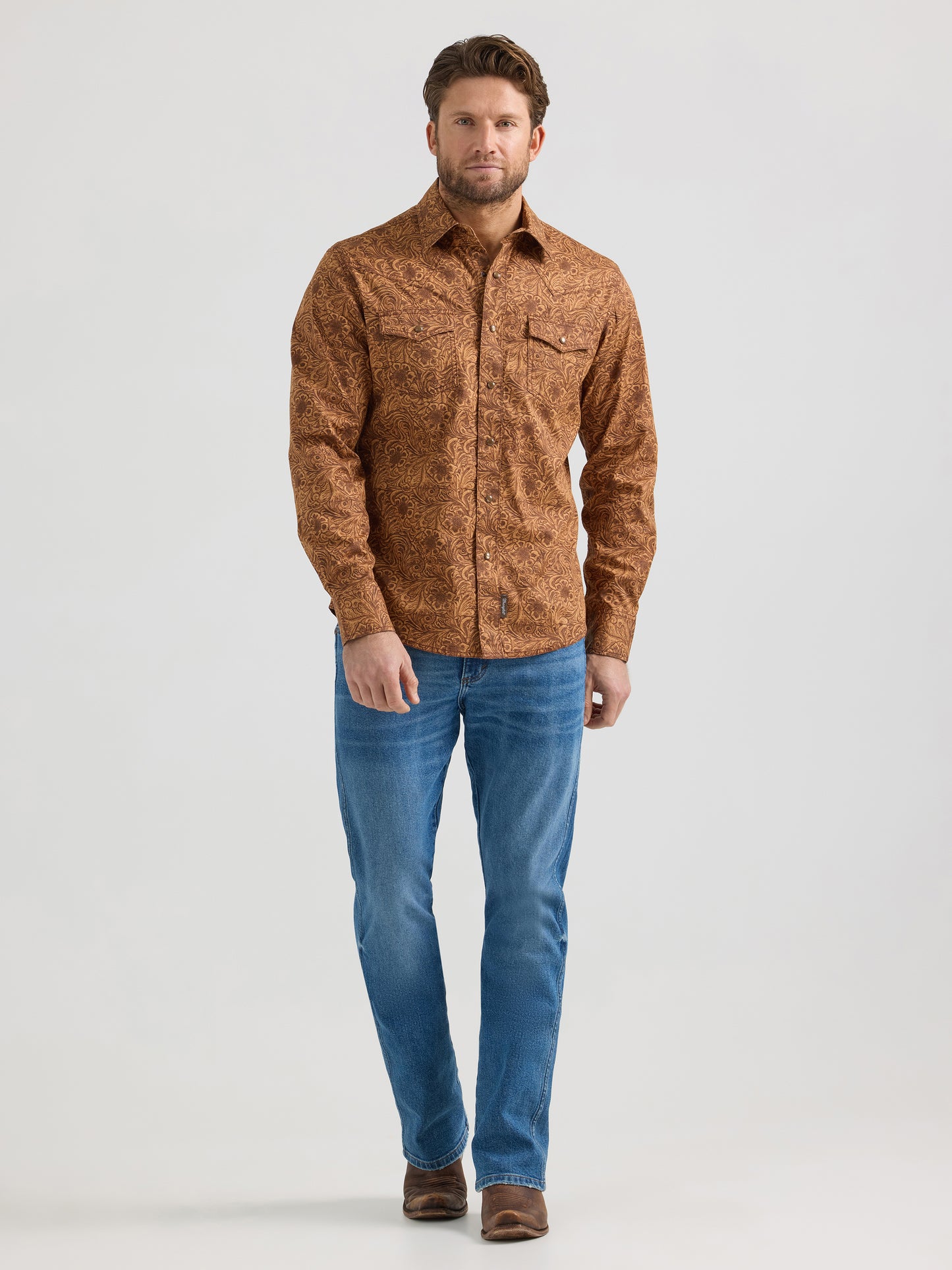 Mens Caramel Floral Western Snap Shirt