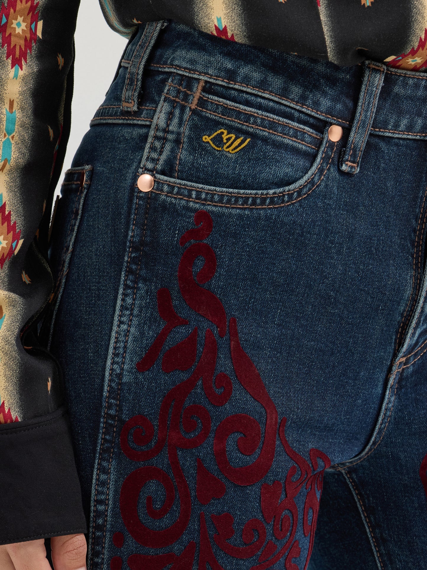Flocked Bell Bottom- Maroon Dark Wash
