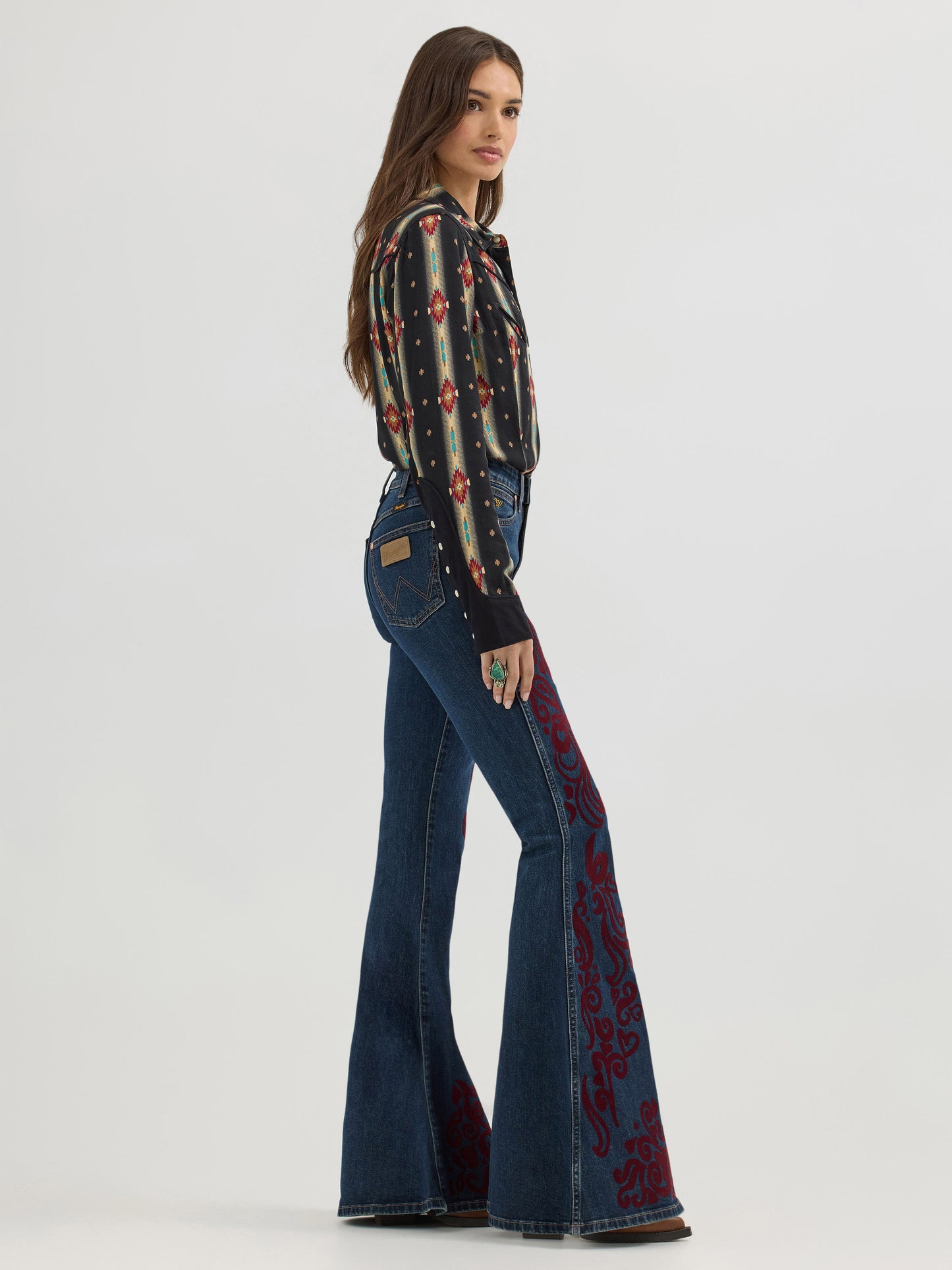 Flocked Bell Bottom- Maroon Dark Wash