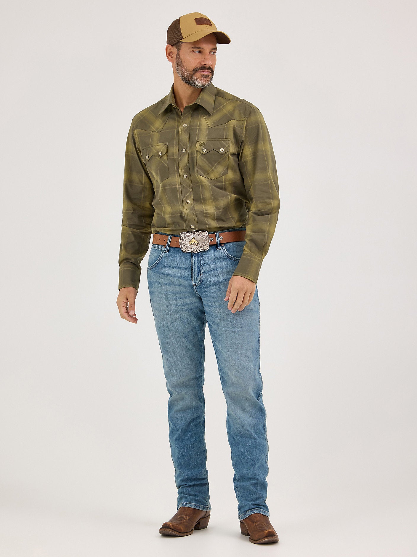Men's Snap Pocket Western Shirt - Green Plaid