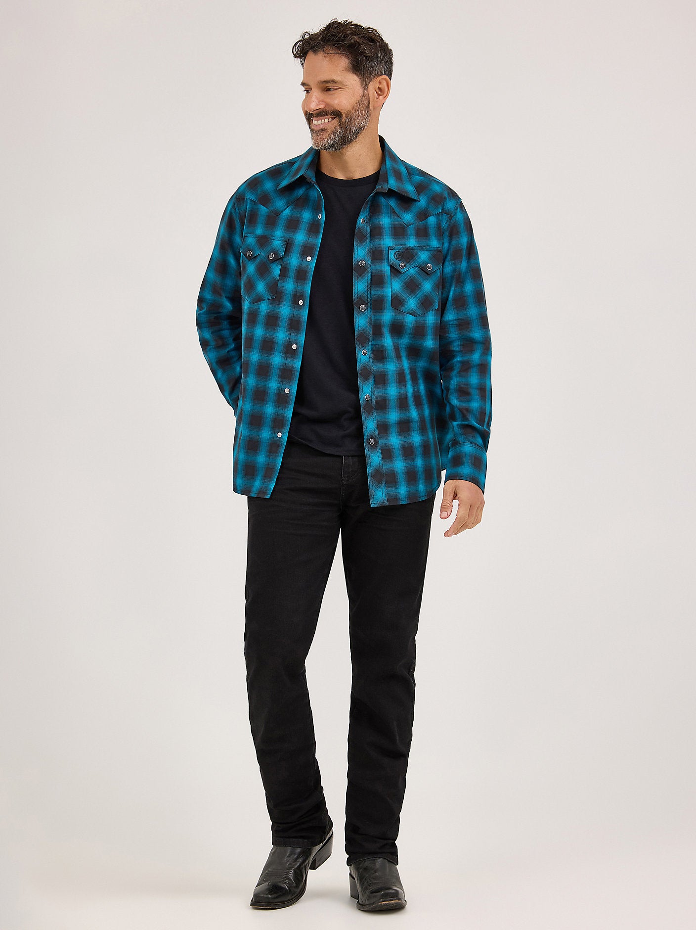 Men's Snap Pocket Western Shirt - Blue Plaid