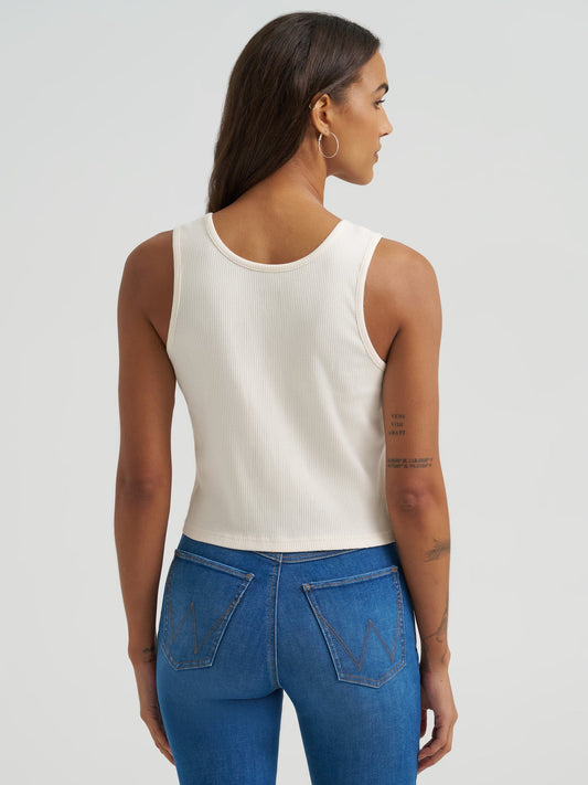 Wrangler Women's White Vintage 'Wrangler' Graphic Print Slim Ribbed Cropped Tank Top