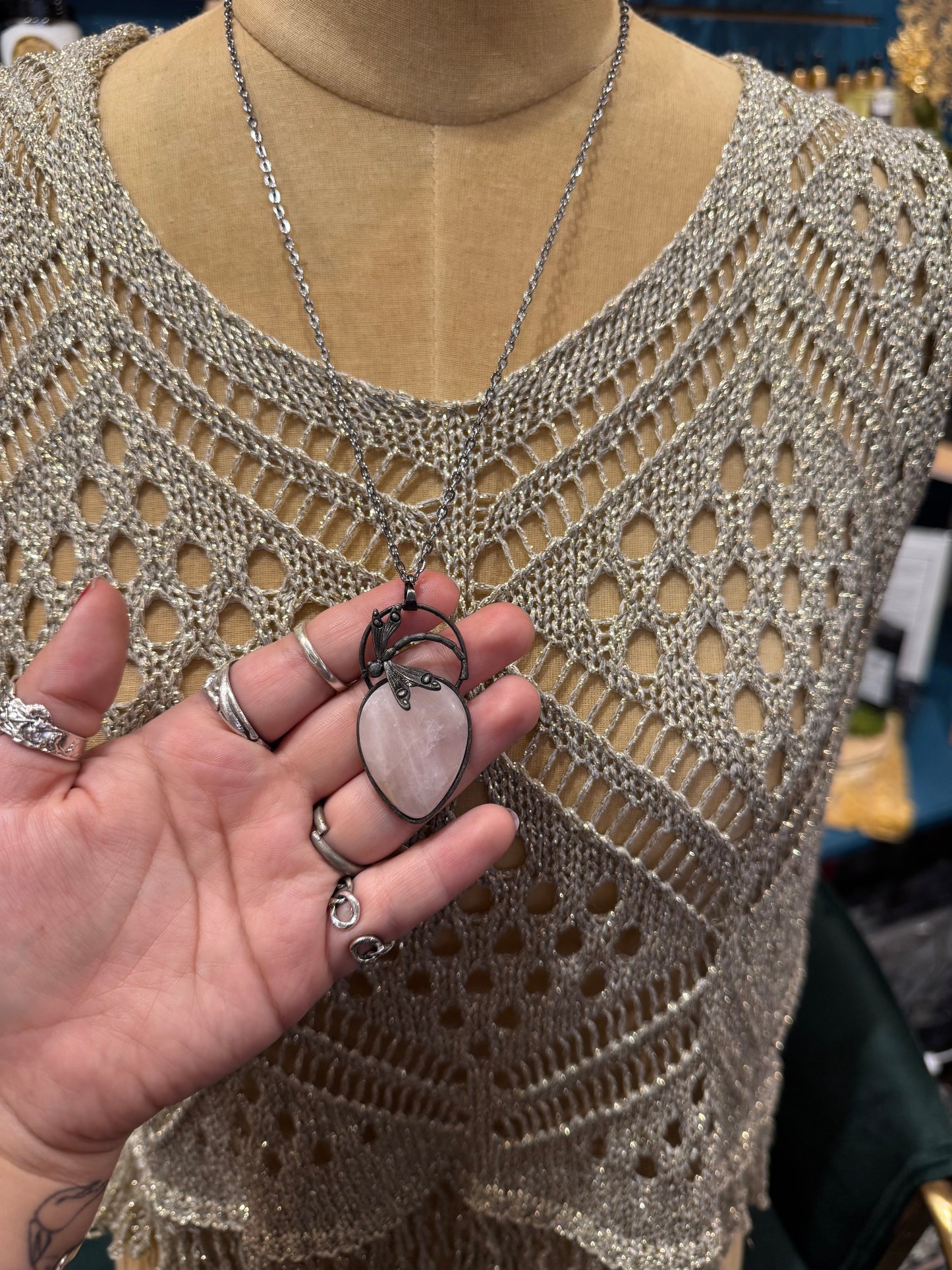 Dragonfly Gemstone Pendant Necklace - Rose Quartz