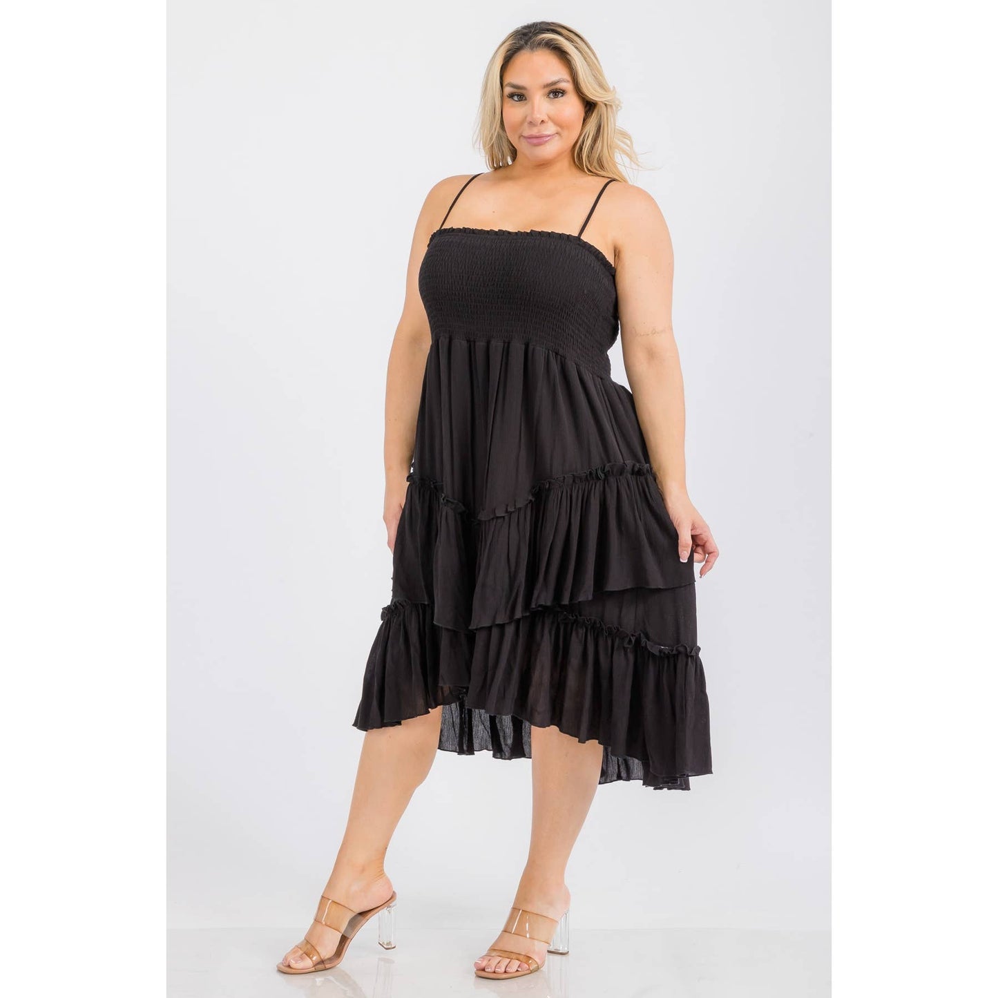 Curve Tiered Ruffle Midi - Black