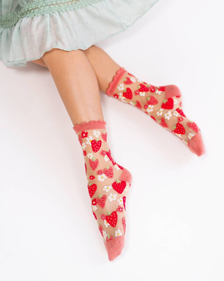 Strawberry Daisy Ruffle Sheer Crew Sock - La De Da