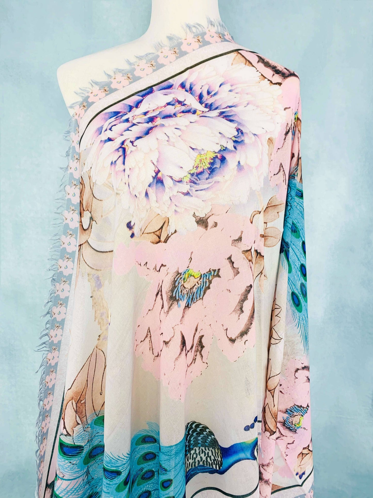 Pink-Teal Peacock & Peoney Frayed-Edge Scarf/Shawl