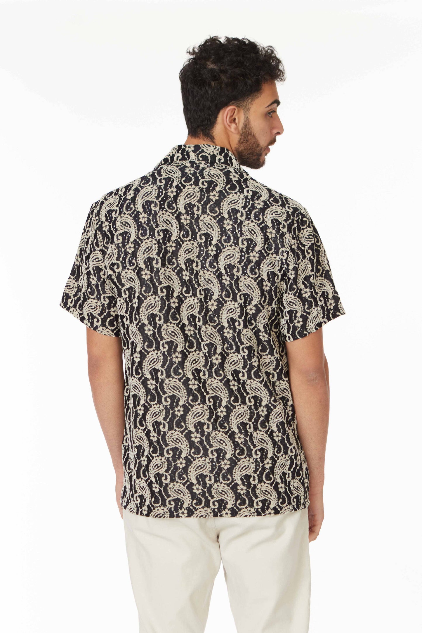 Crochet/Textured Short Sleeve Men's Shirt - Black/Beige