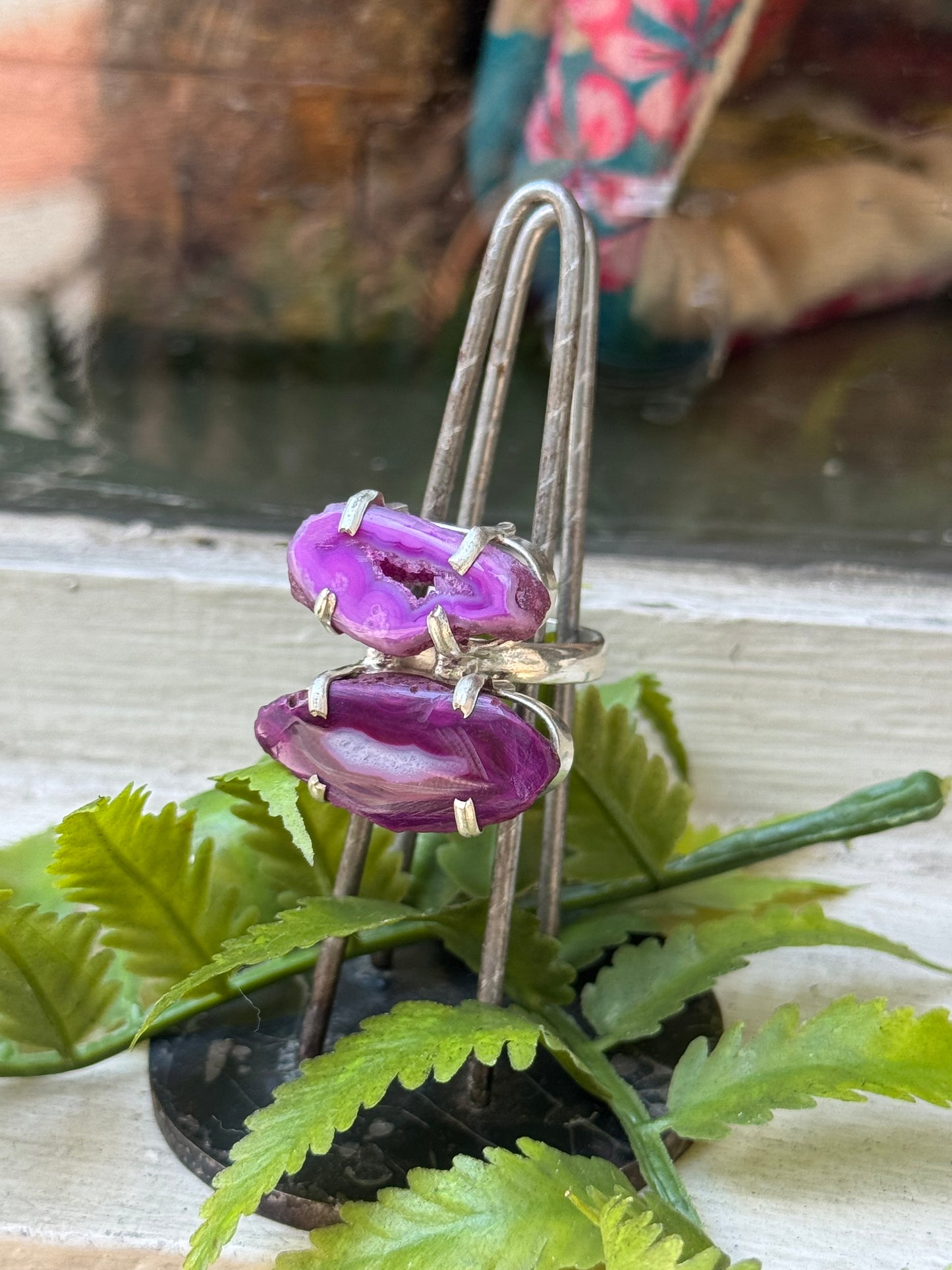 Double Fuchsia Agate Slice Silver Ring