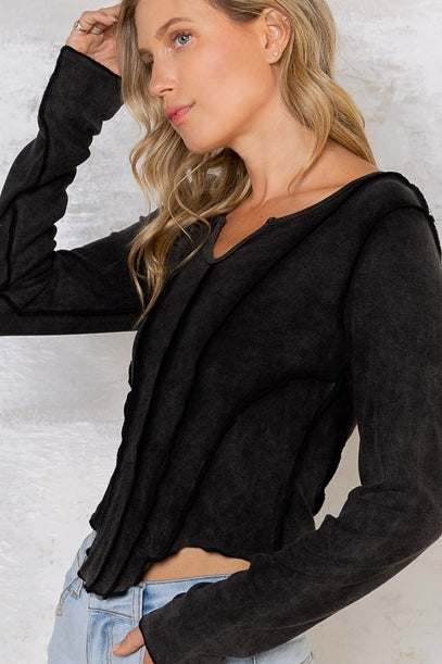 Notched Neck Long Sleeve Cropped Top - Black - La De Da