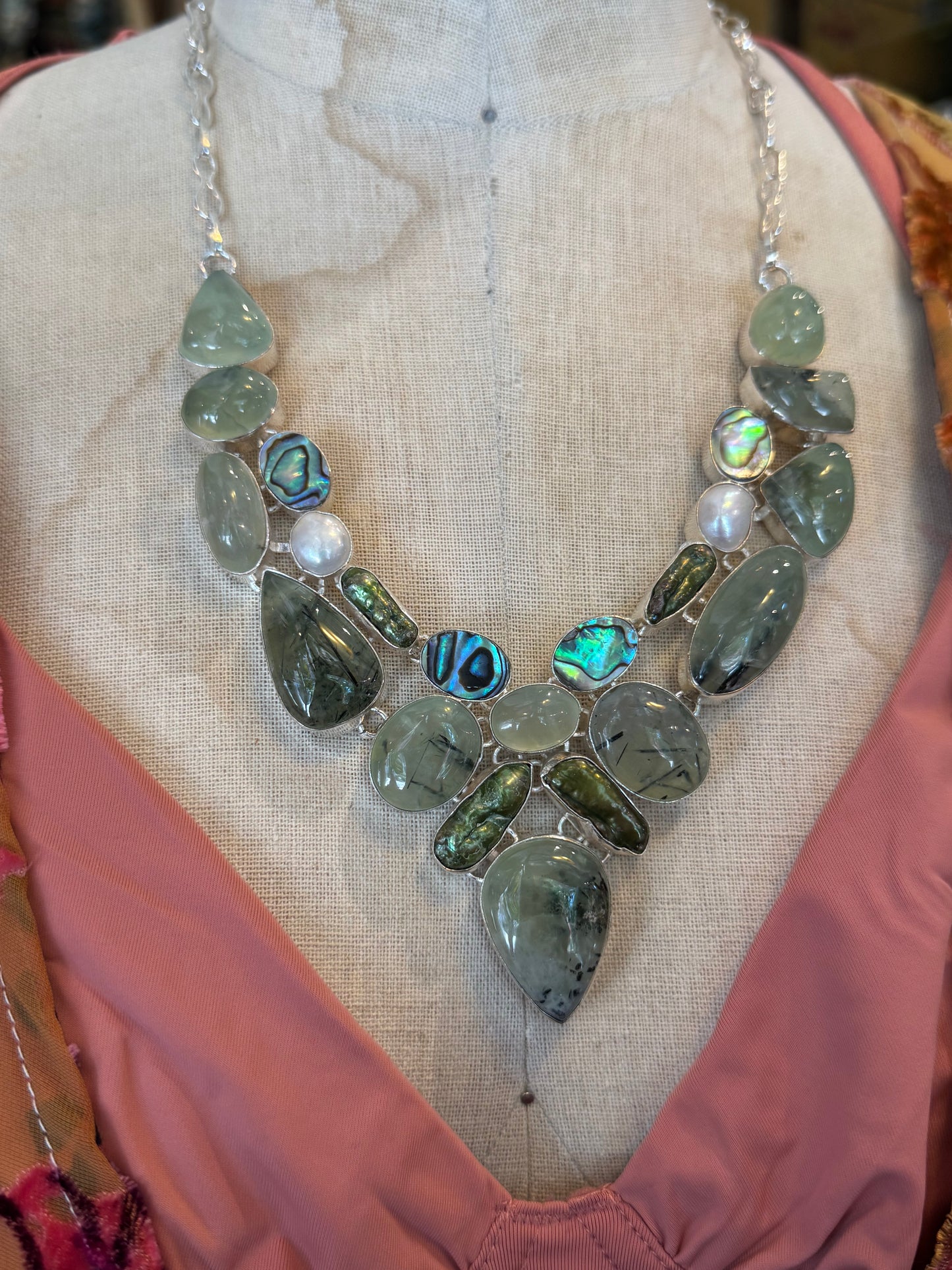 Prehnite, Abalone &Green Pearl Cluster Necklace