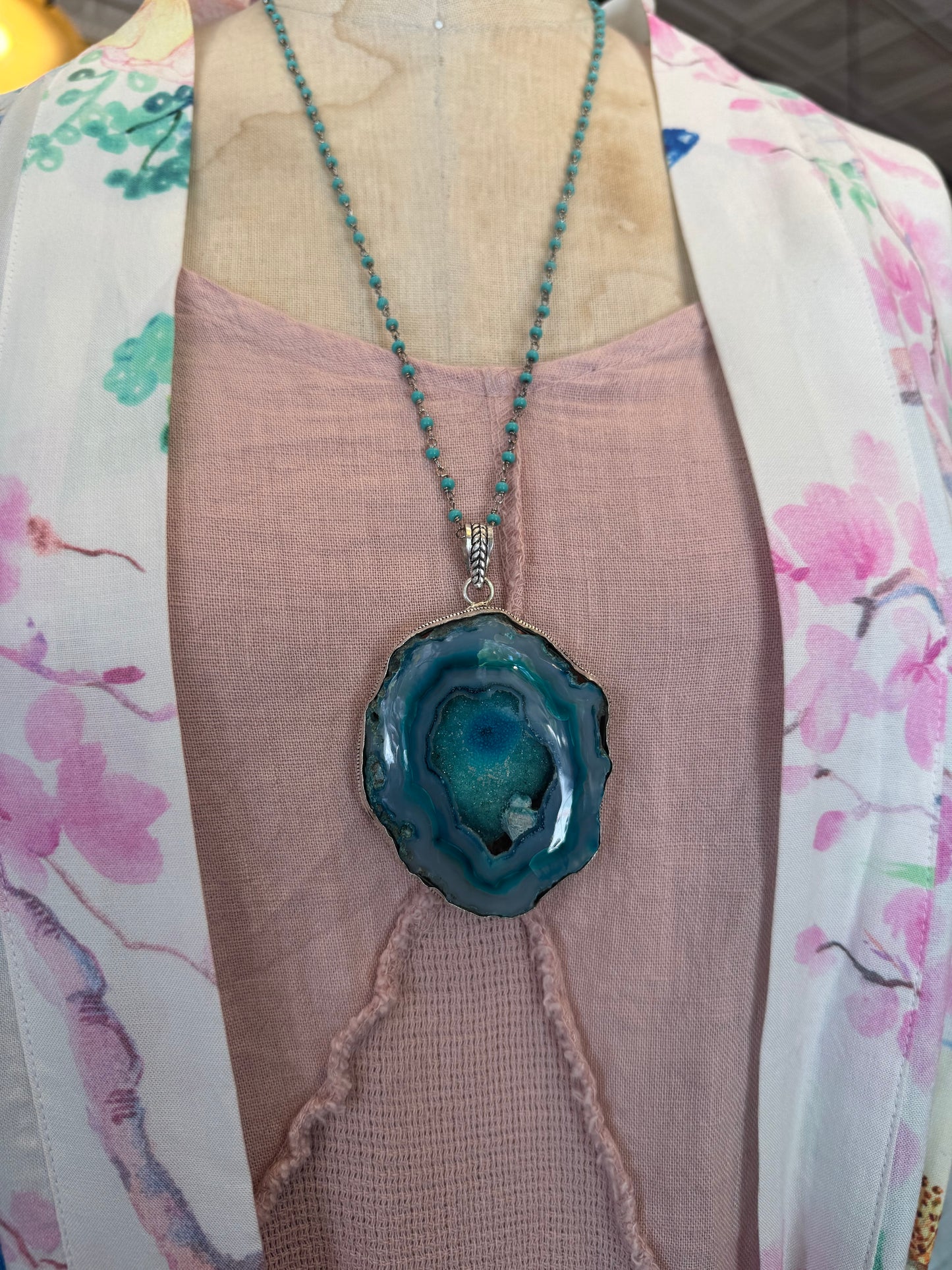 Dyed Large Blue Agate Slice Pendant