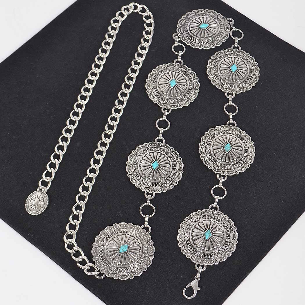 Western Style Metal Chain Belt - Turquoise Embellished Shield