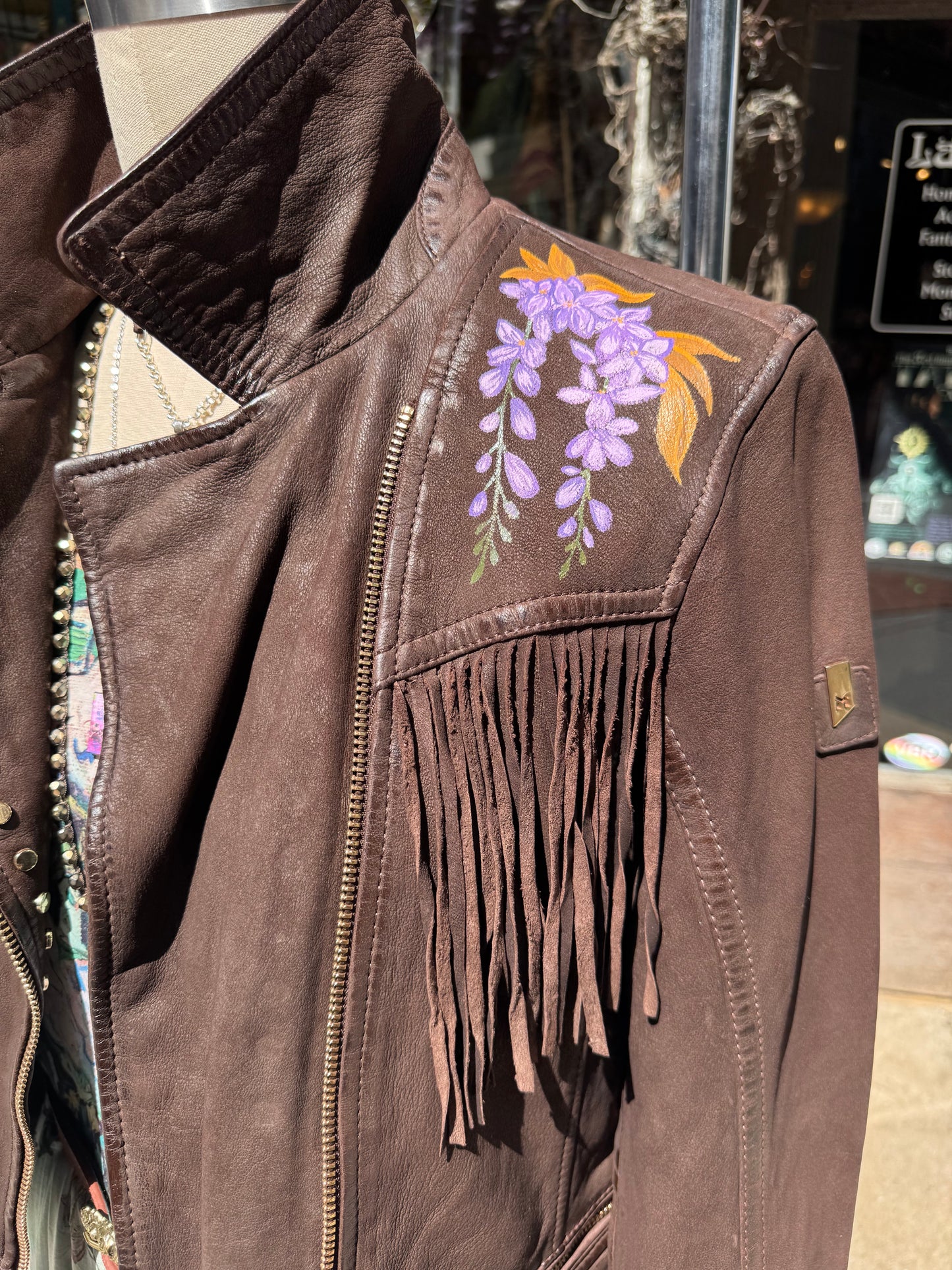 Painted Floral Skull & Snake Brown M. Leather Fringe Jacket - Hannah King*