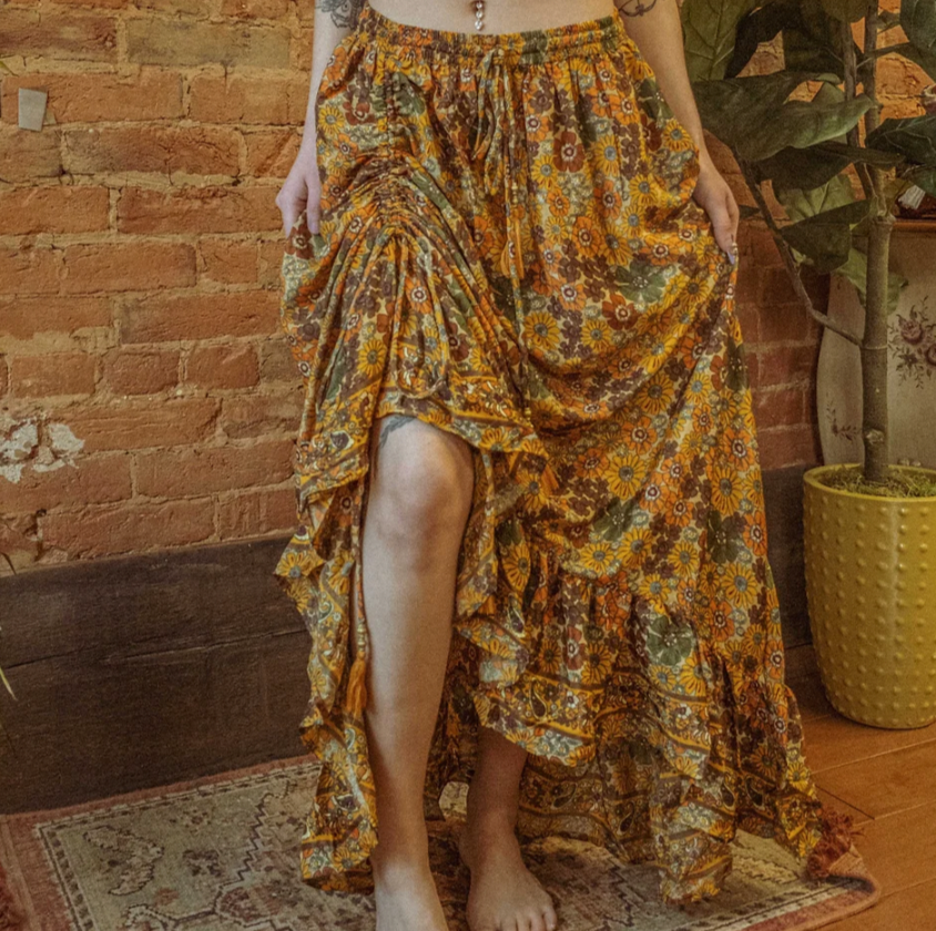 Hippie Boho Silk Cinch Skirt, Ruffle Floral Maxi Skirt - Gold Flower
