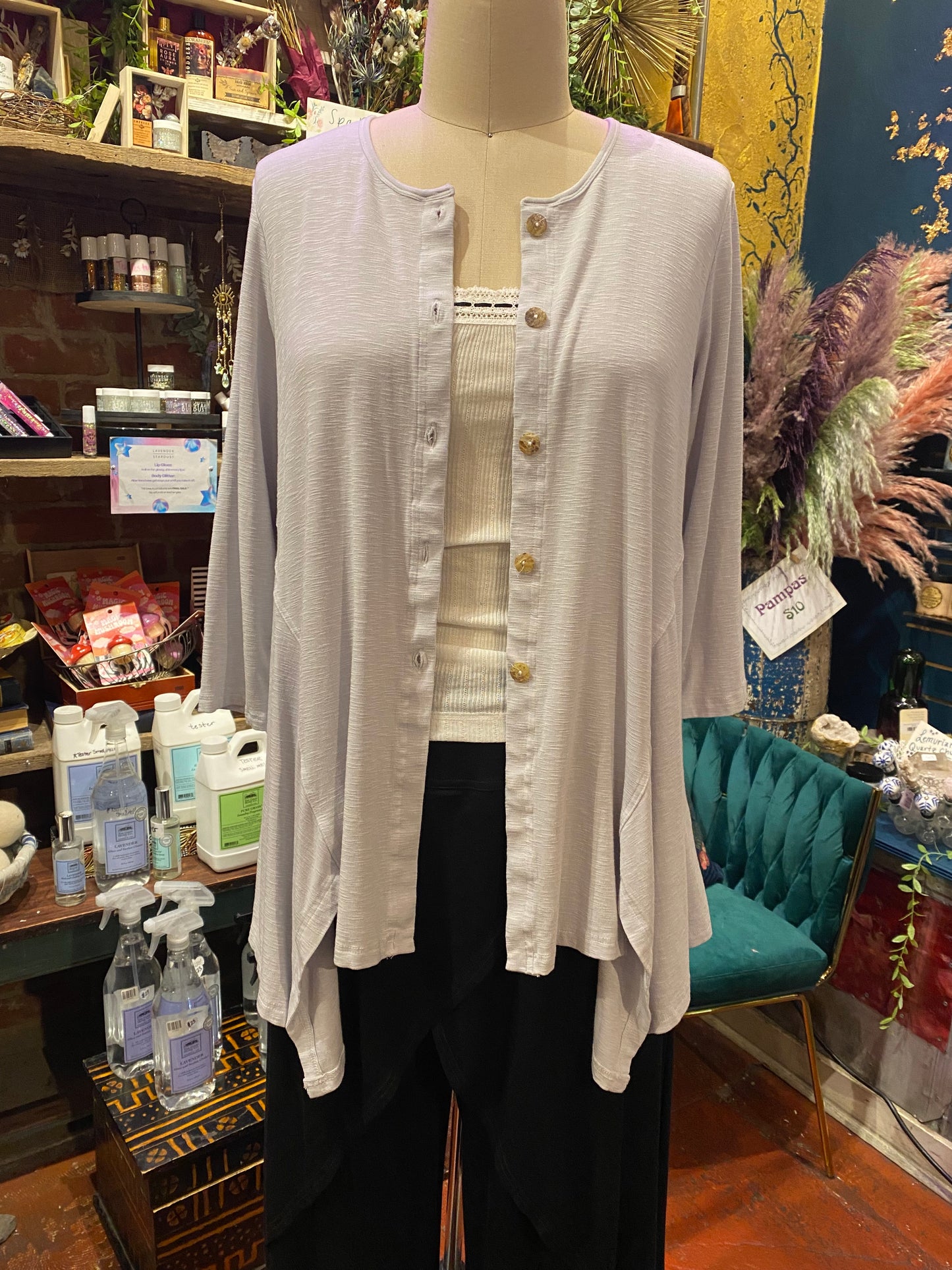 3/4 Sleeve Button Down Slit Shirt - Silver